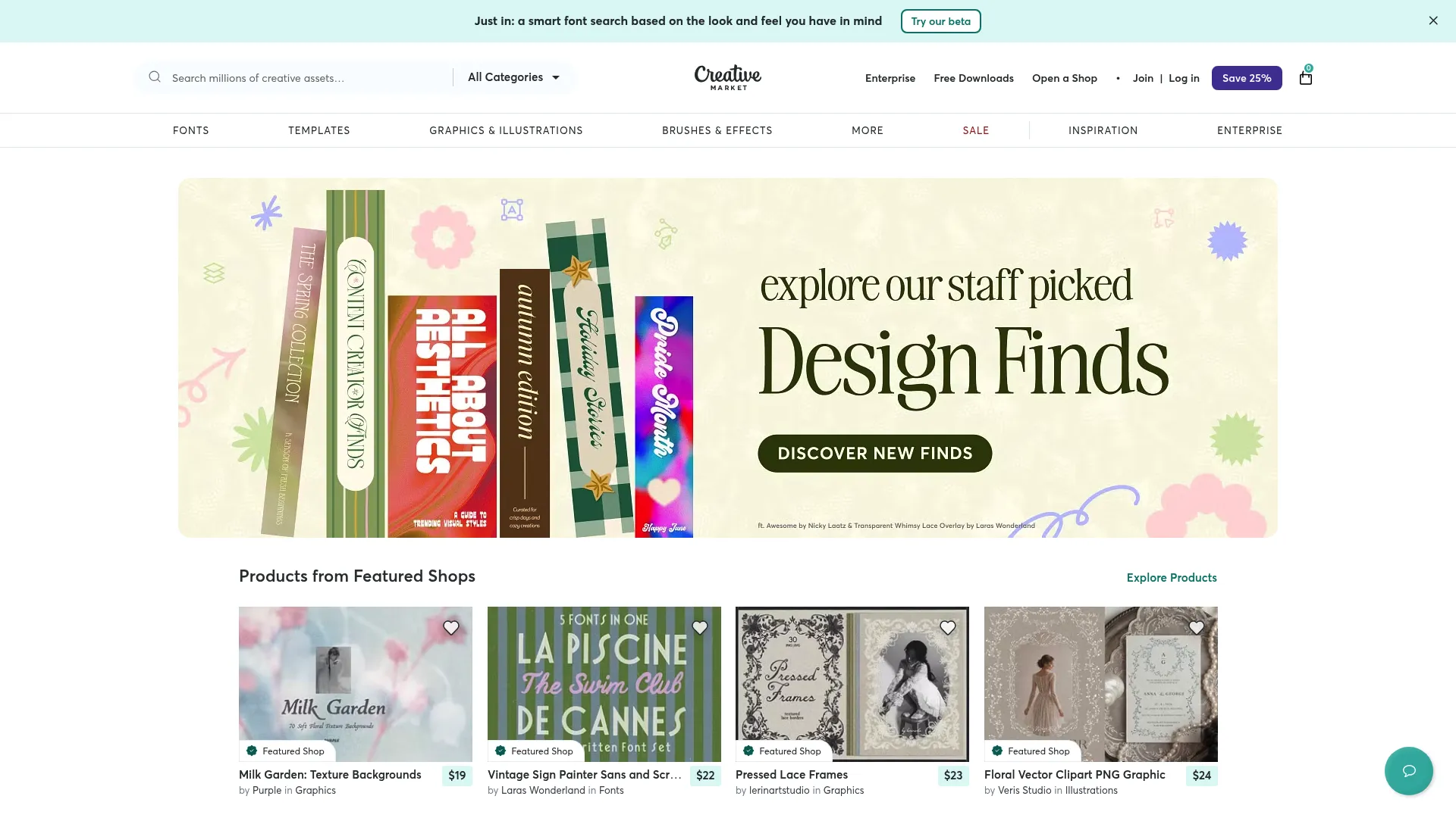 Creative Market fonts marketplace homepage
