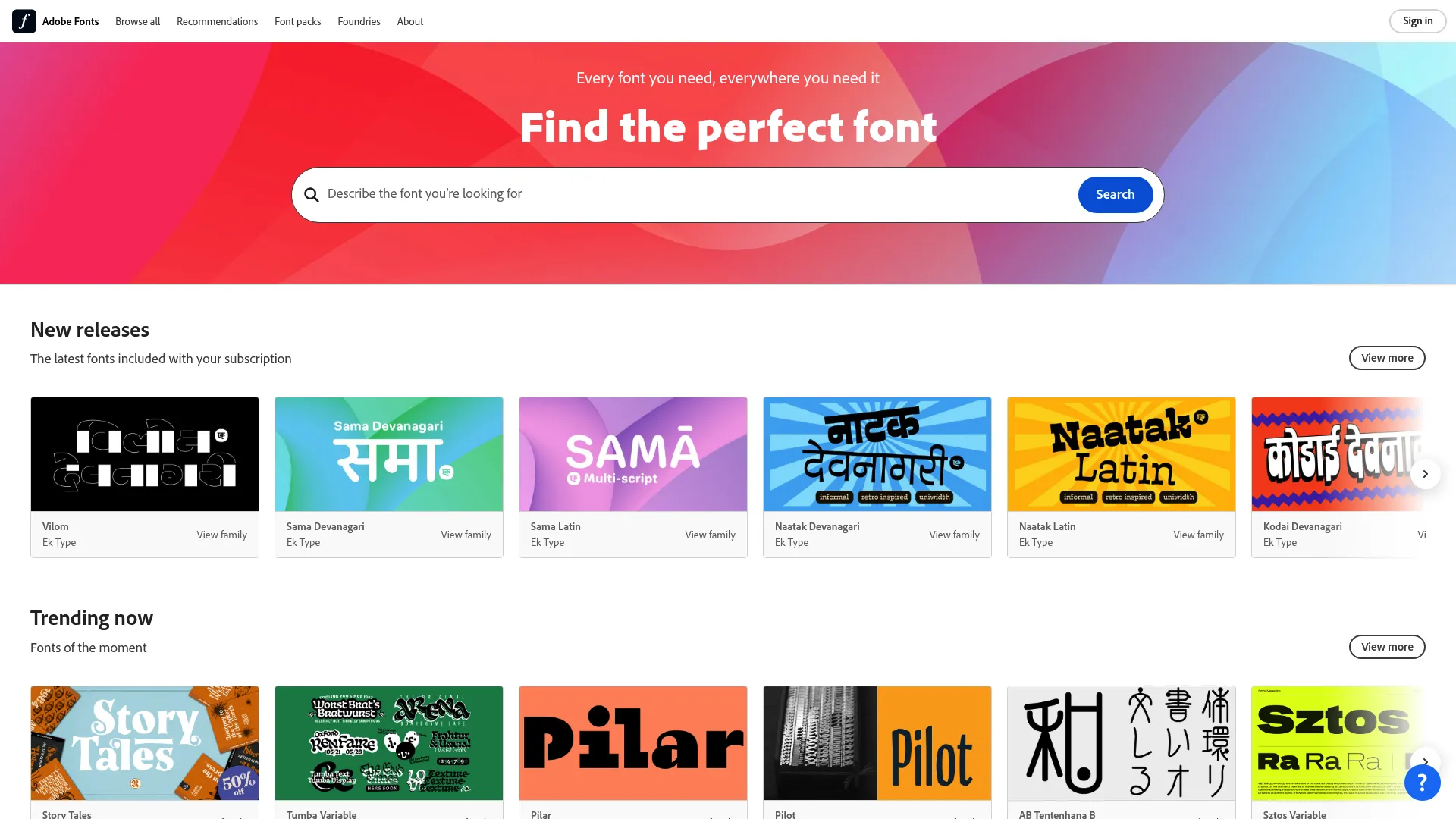 Adobe Fonts subscription library homepage