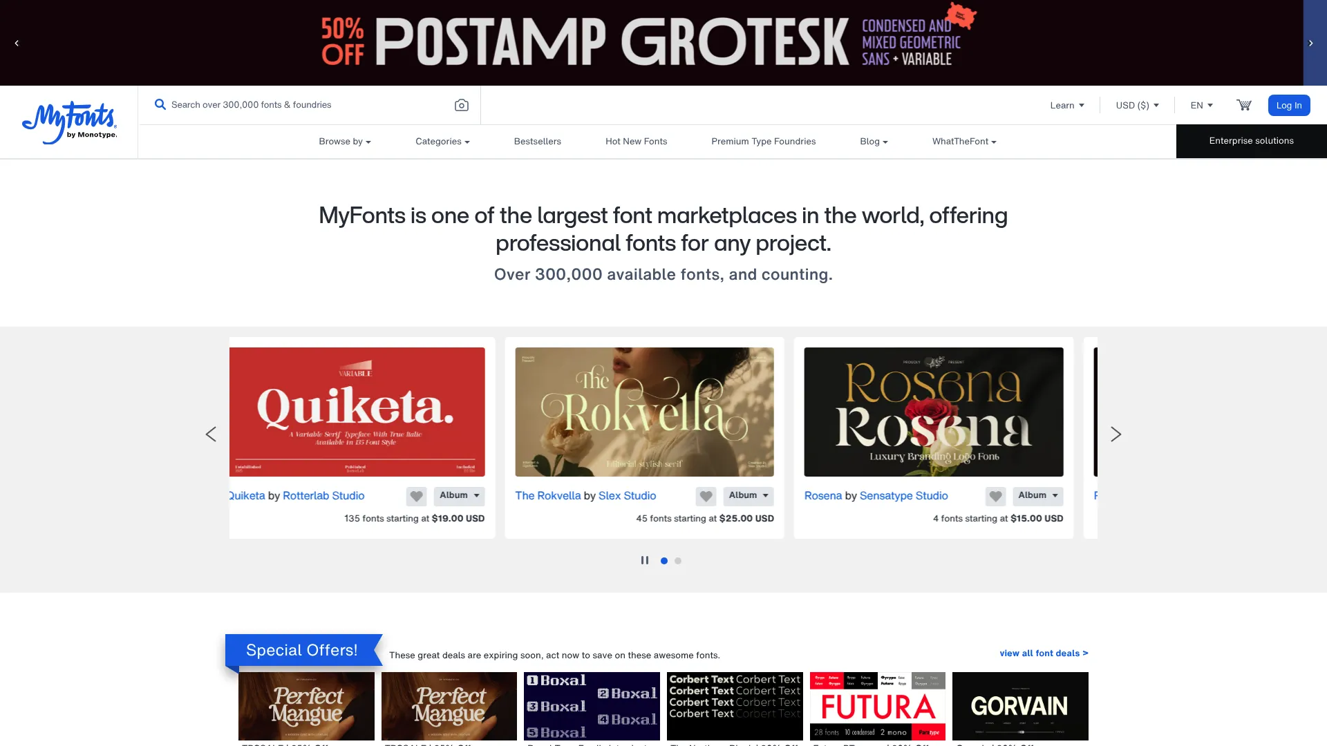 MyFonts web font marketplace homepage