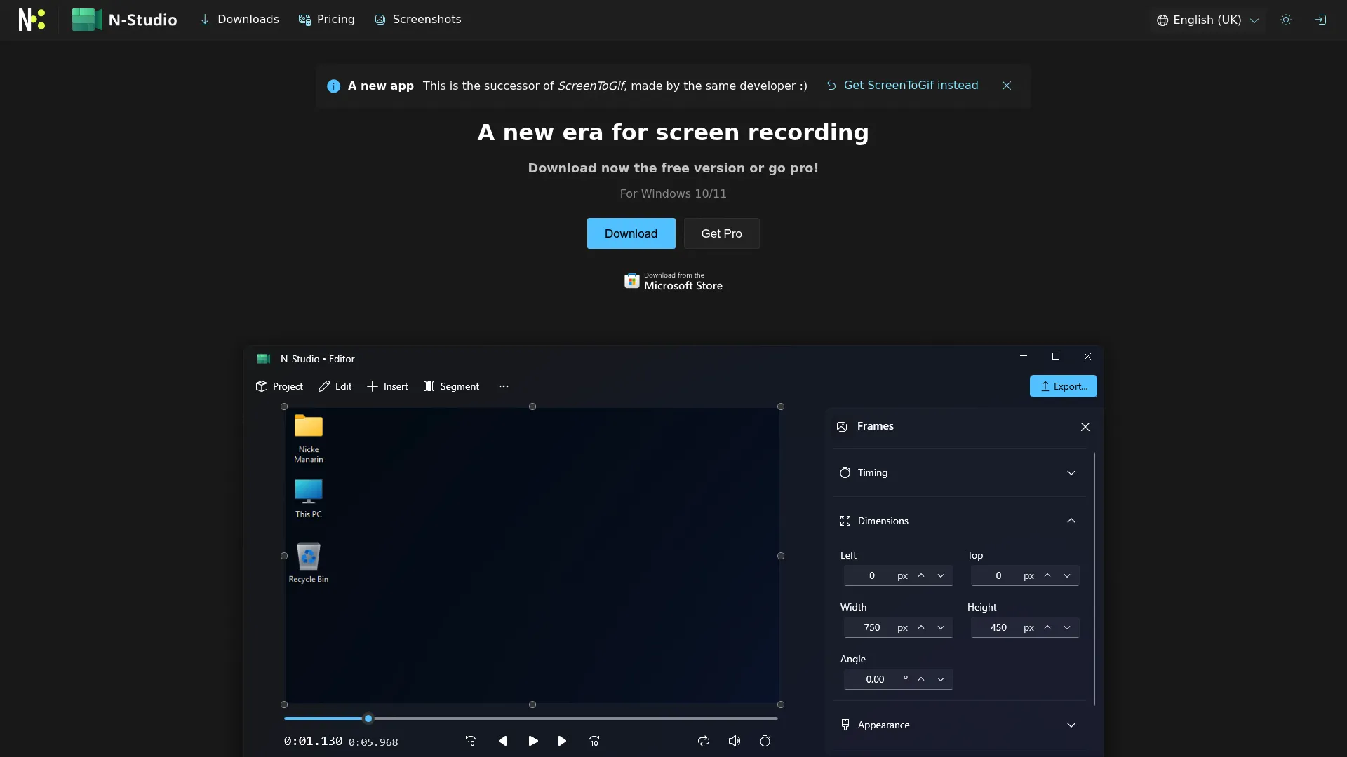 ScreenToGif screen recorder and GIF editor interface