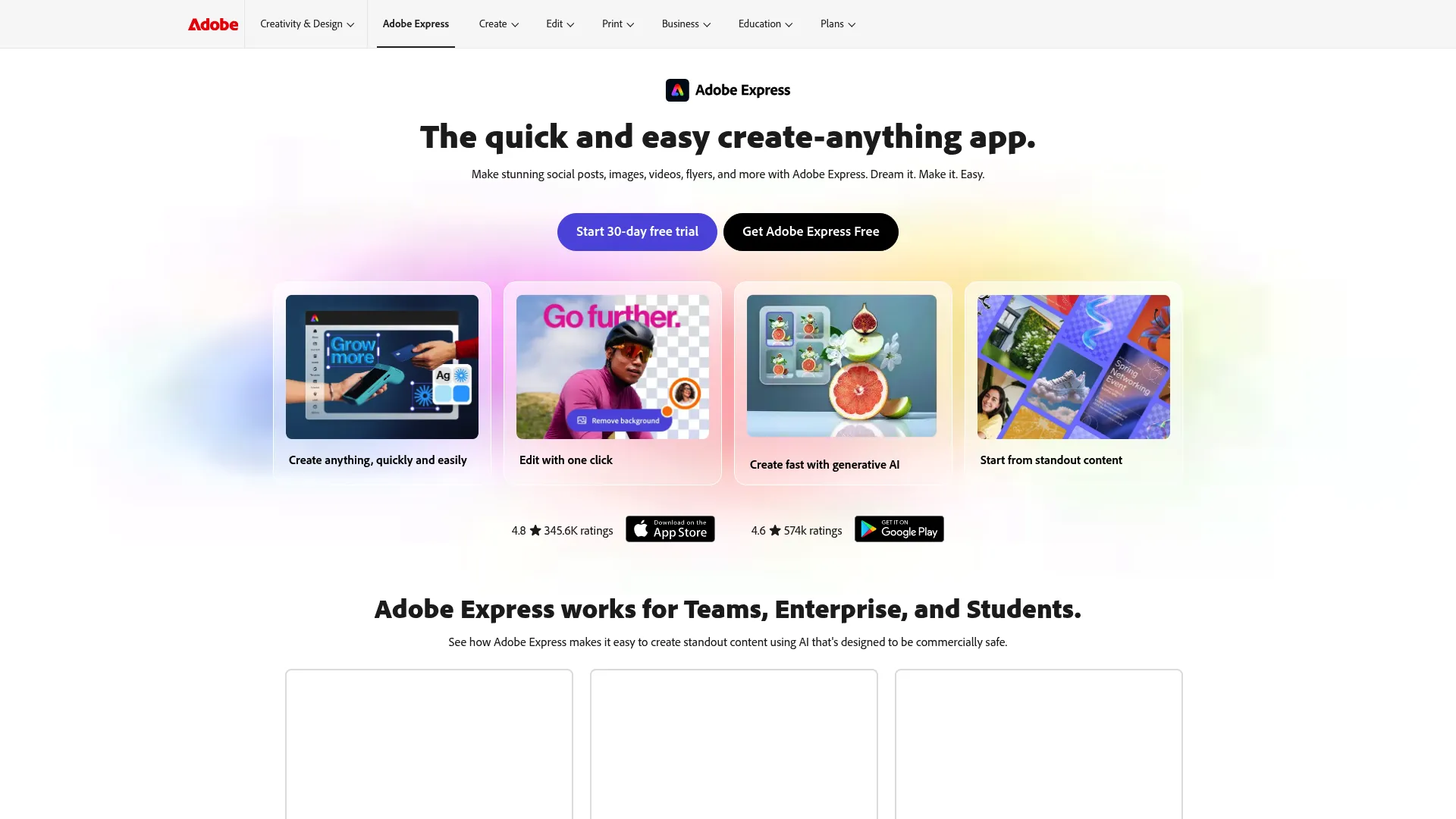Adobe Express content creation tool homepage