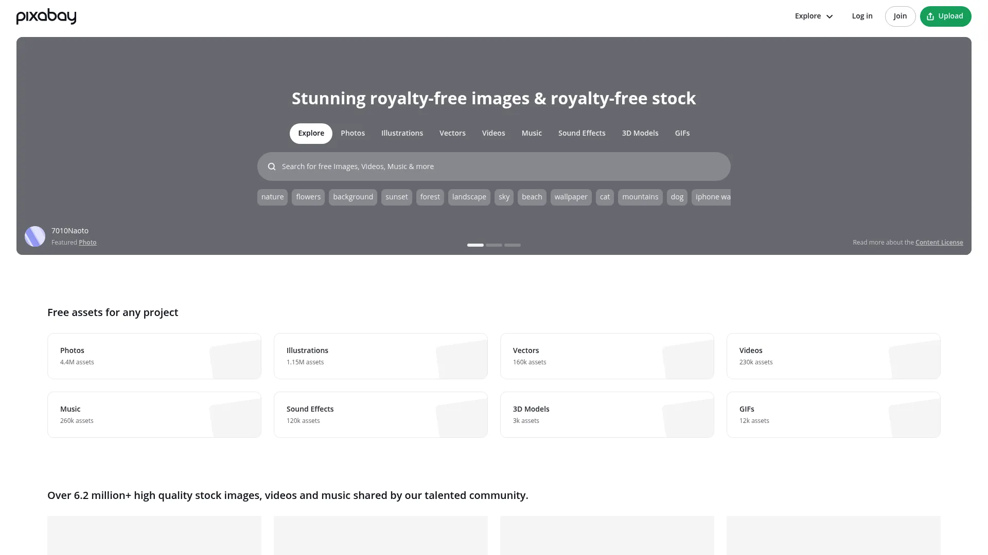 Pixabay homepage showing free photos, videos, and vectors