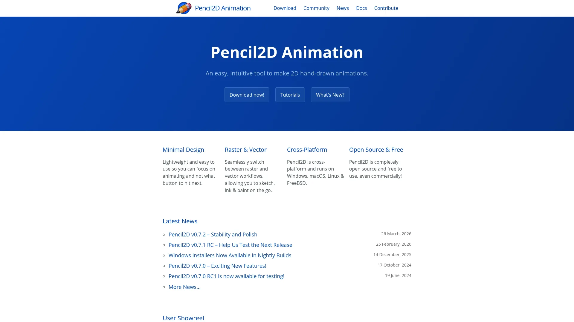 Pencil2D Animation homepage showing its open-source 2D animation software