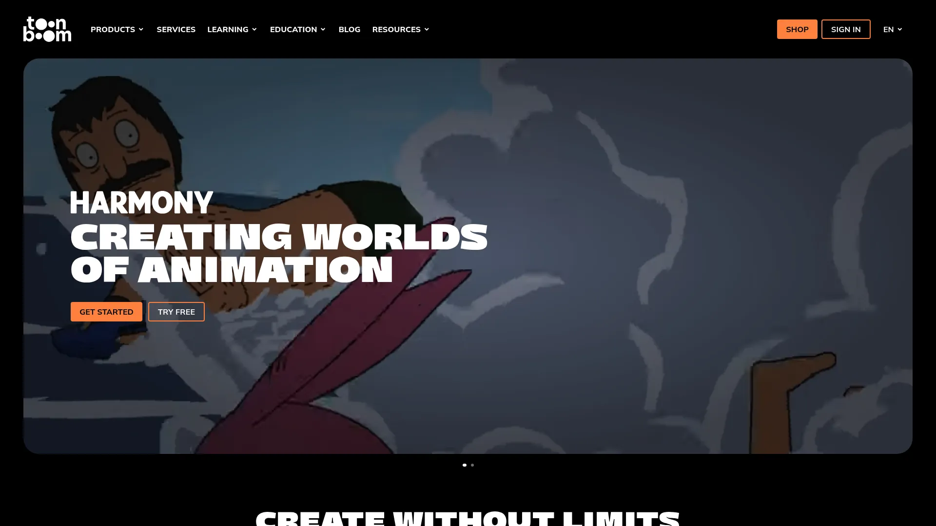 Toon Boom homepage showing its studio-grade 2D animation and storyboarding software