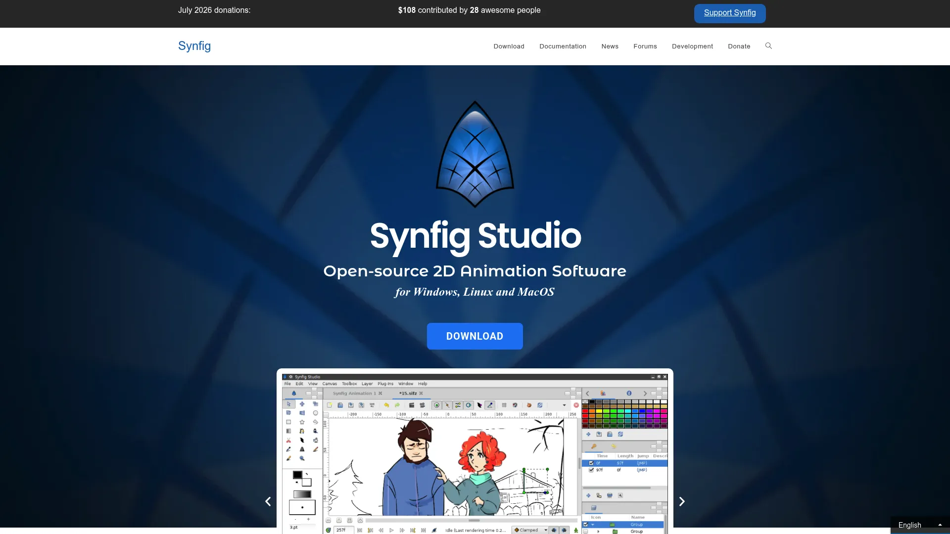 Synfig Studio homepage showing its free open-source 2D animation software