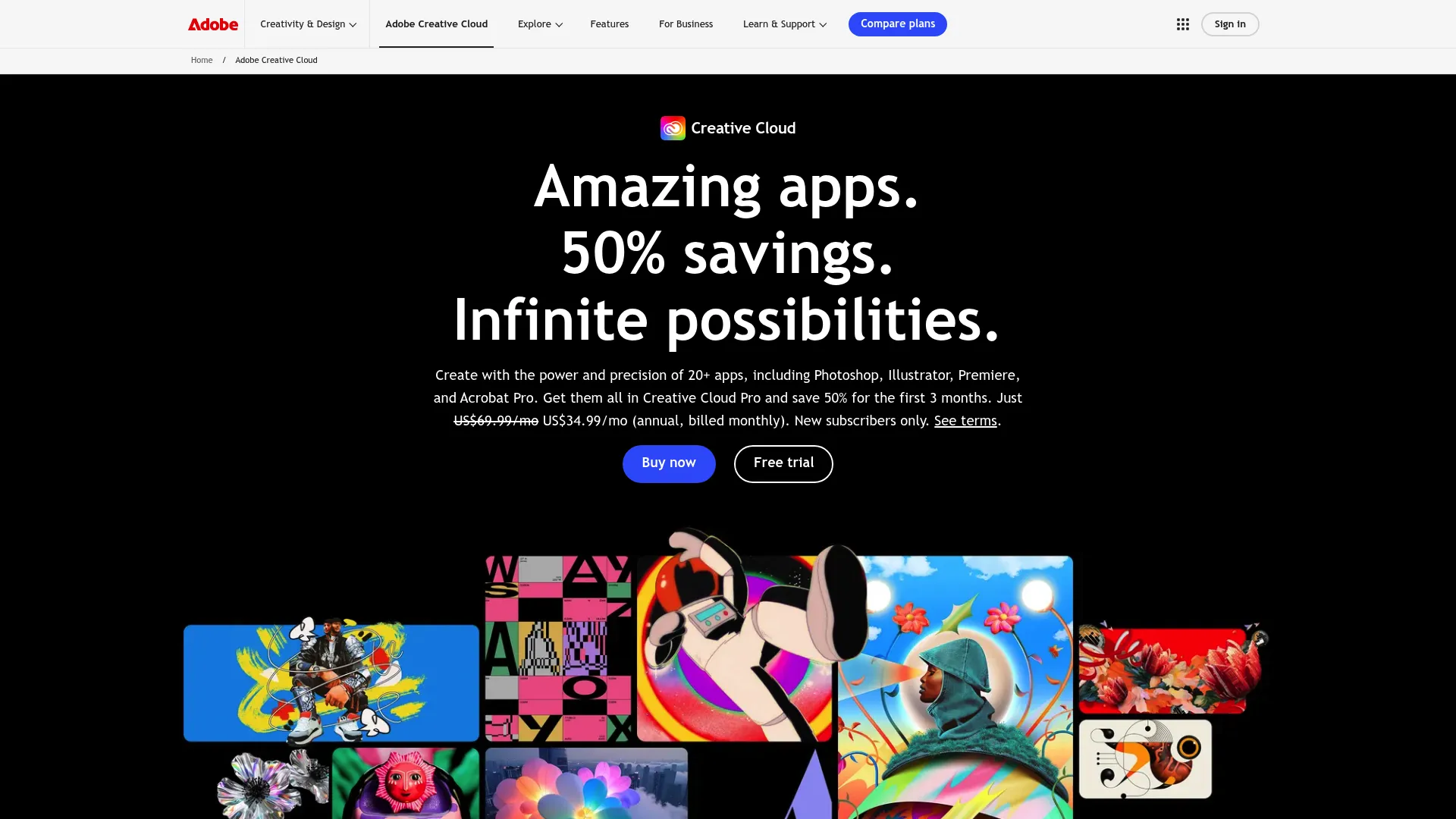 Adobe Creative Cloud homepage showing its suite of creative apps