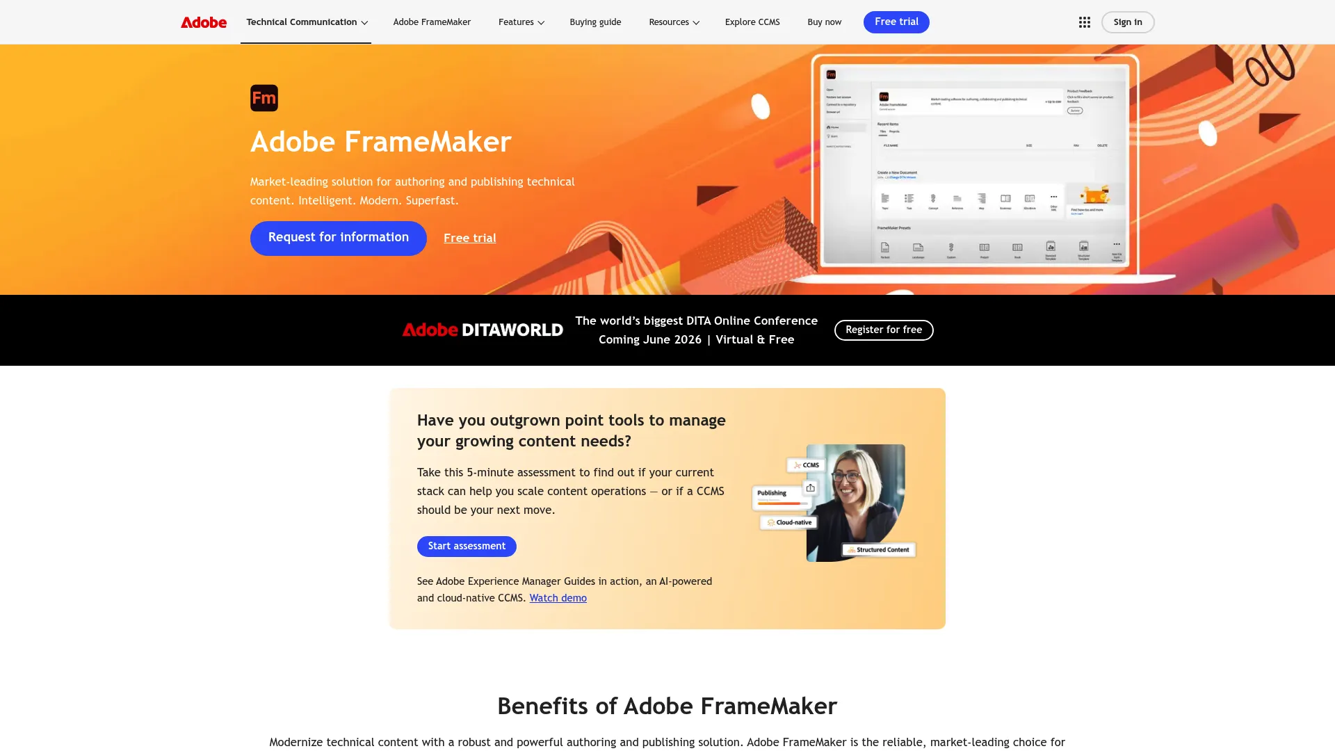 Adobe FrameMaker technical publishing software page