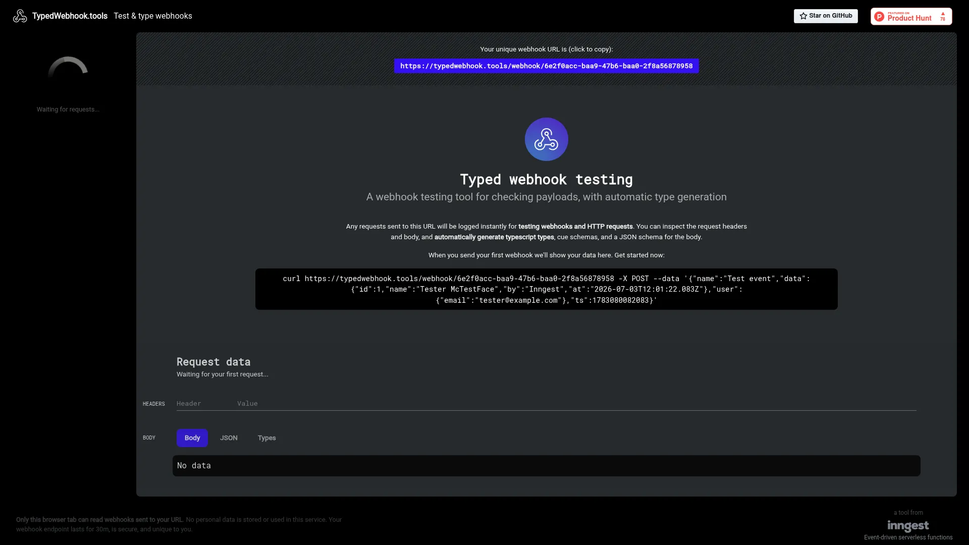 TypedWebhook.tools interface showing payload inspection and generated TypeScript types