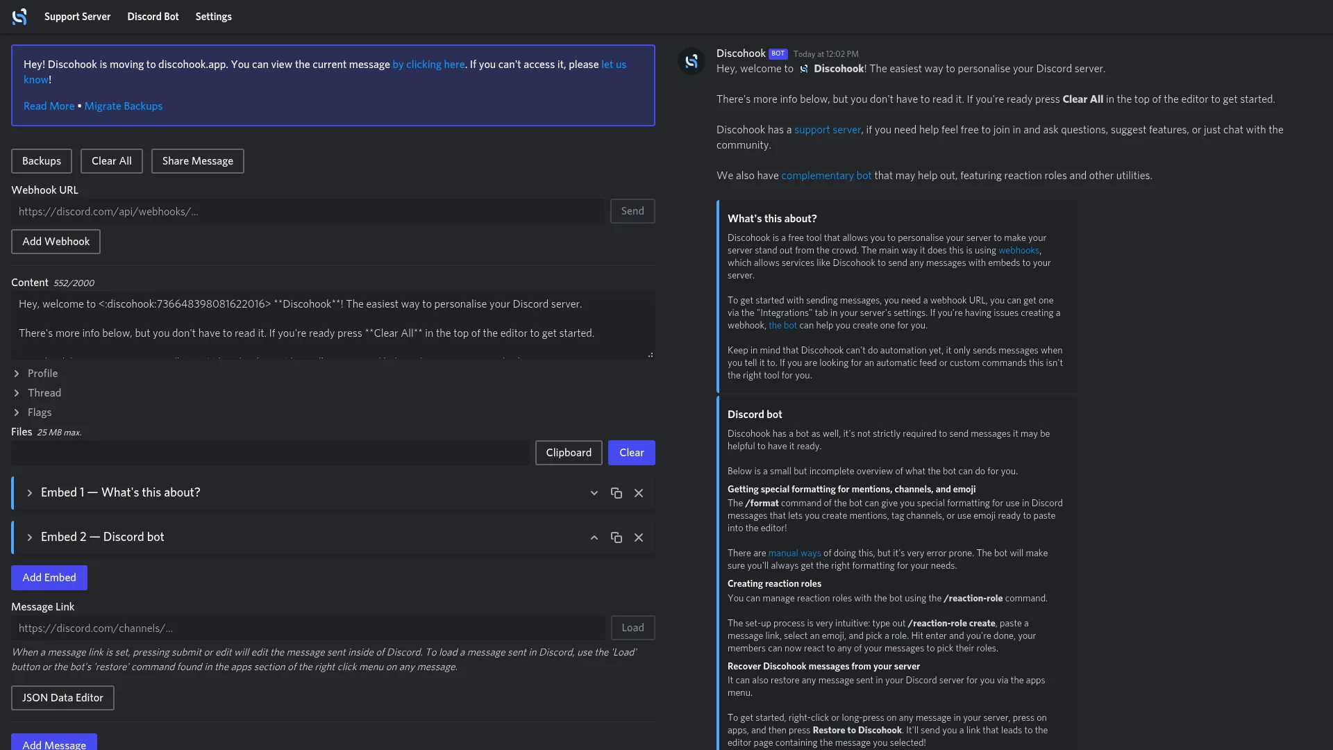 Discohook interface showing Discord webhook message and embed editor