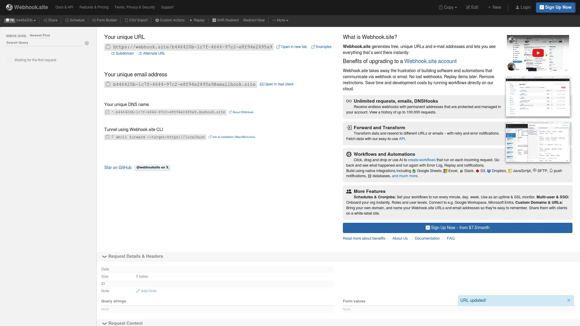 Webhook.site interface showing a unique URL and incoming request log