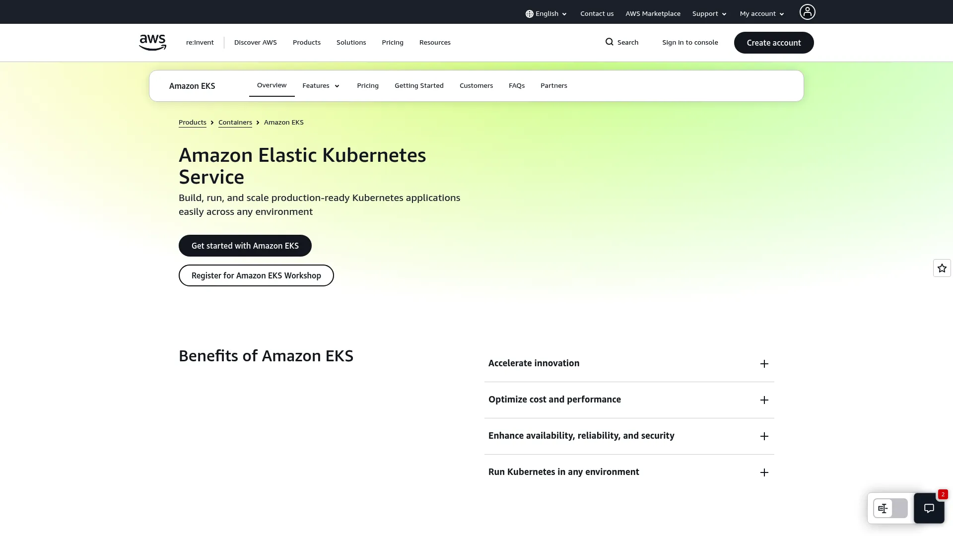 Amazon EKS managed Kubernetes console