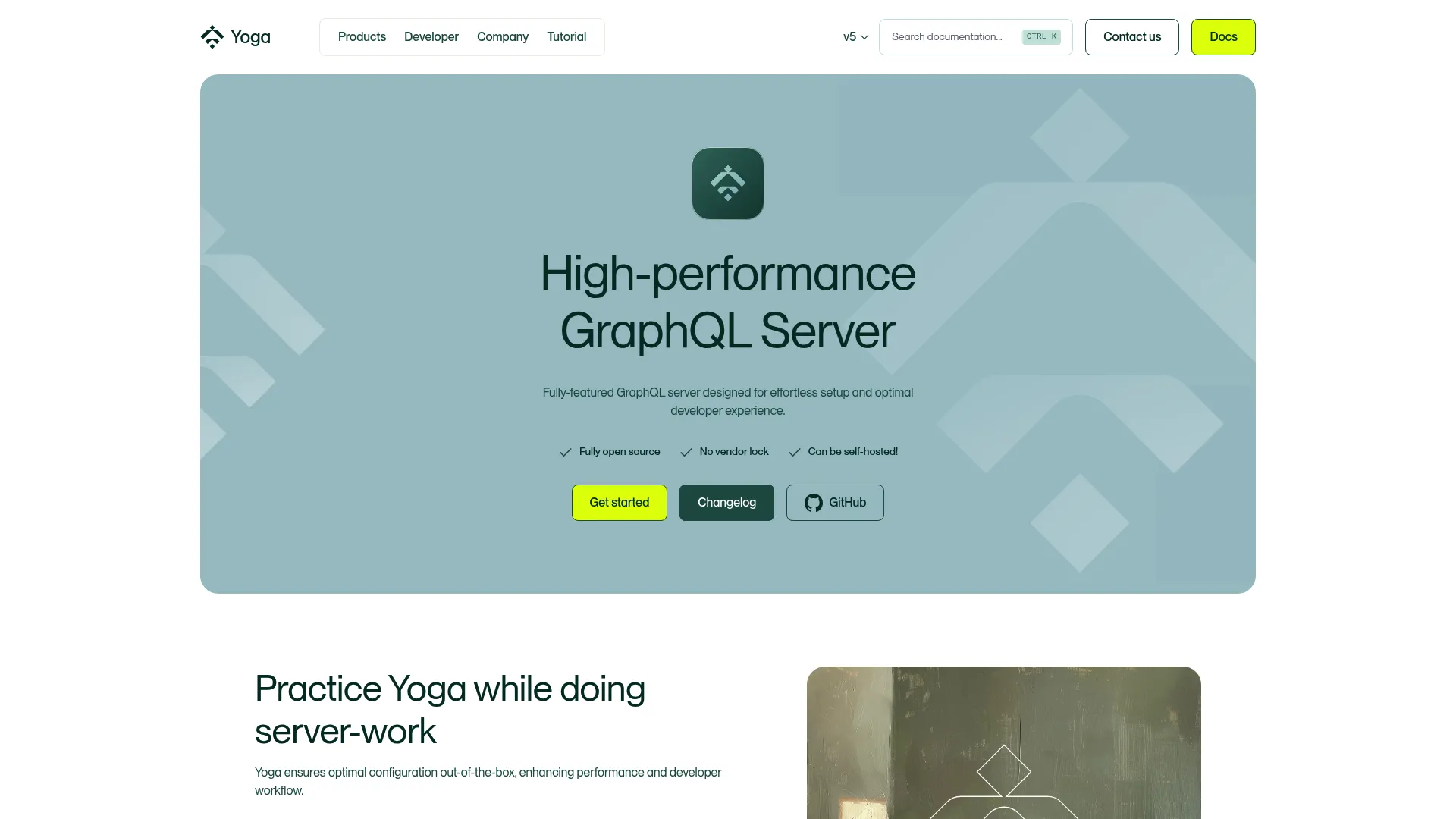 GraphQL Yoga homepage showing the open-source GraphQL server