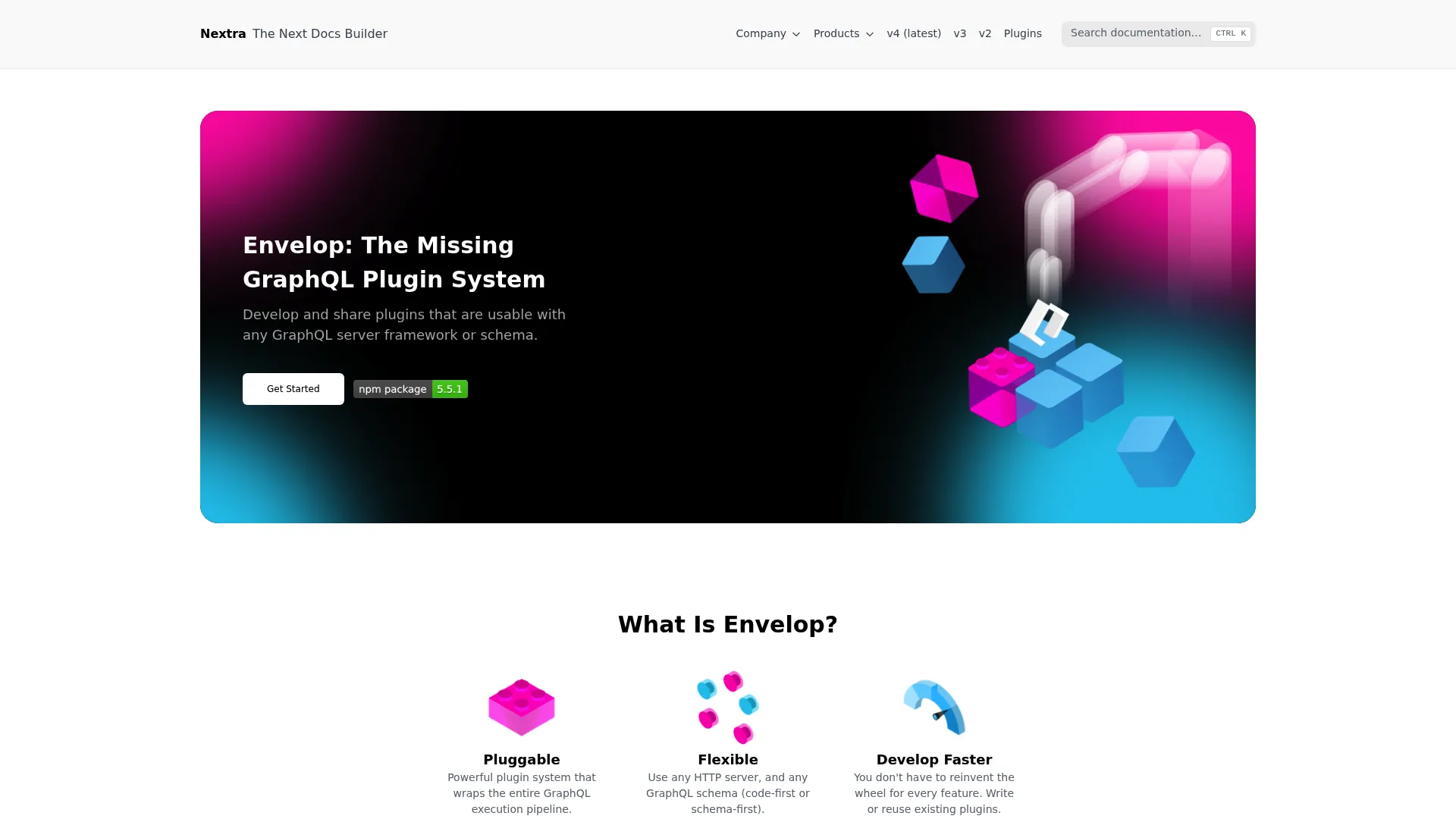 Envelop homepage showing the GraphQL plugin system for the execution layer