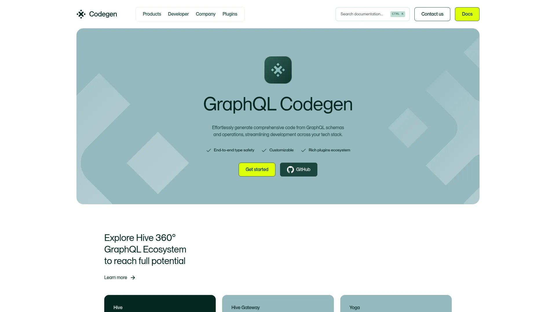GraphQL Code Generator homepage showing typed code generation from schemas