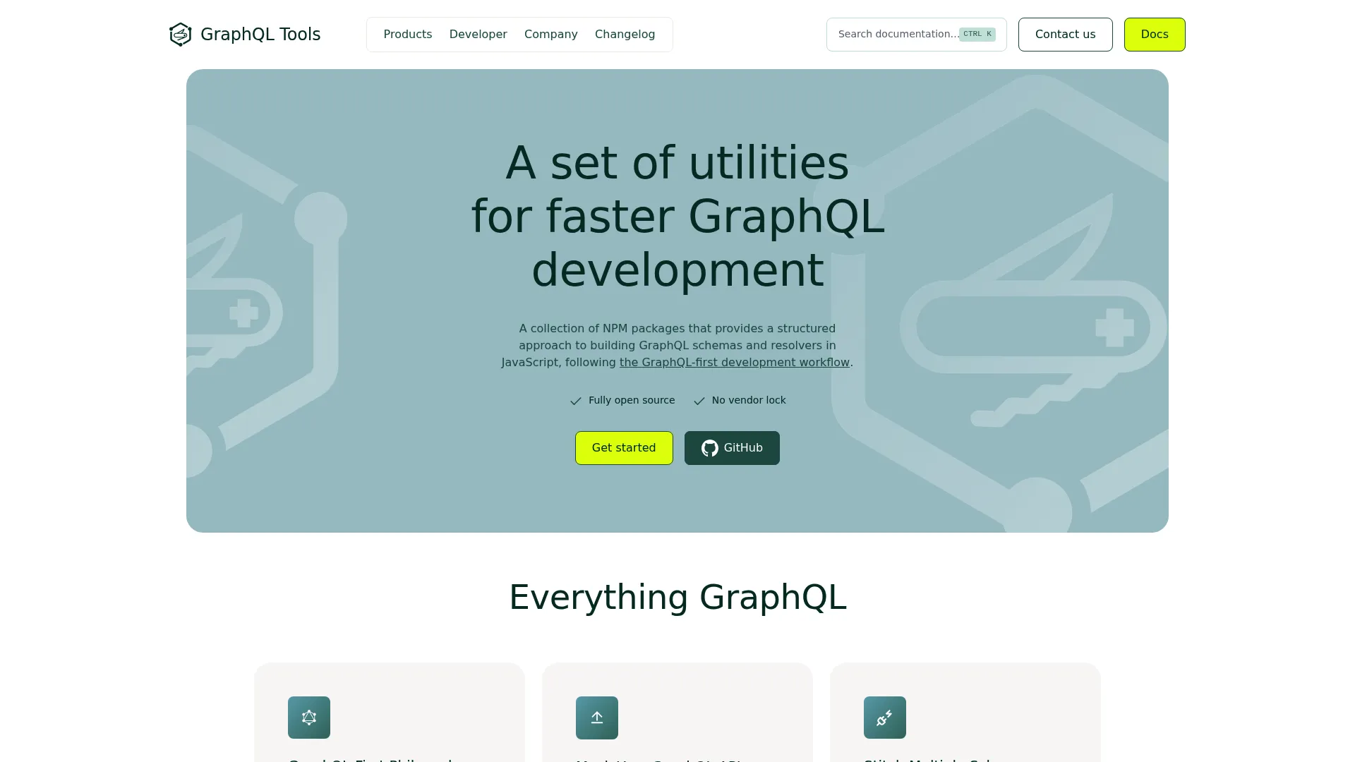 GraphQL Tools homepage showing the open-source schema utility suite