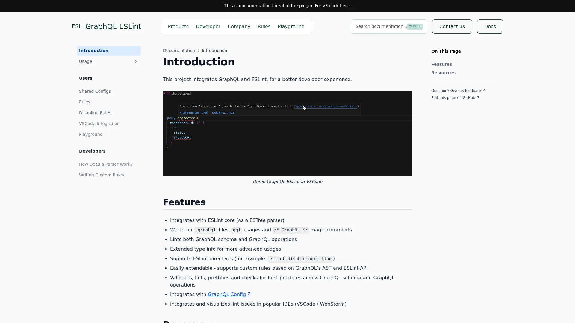 GraphQL ESLint homepage showing linting for schema and operations