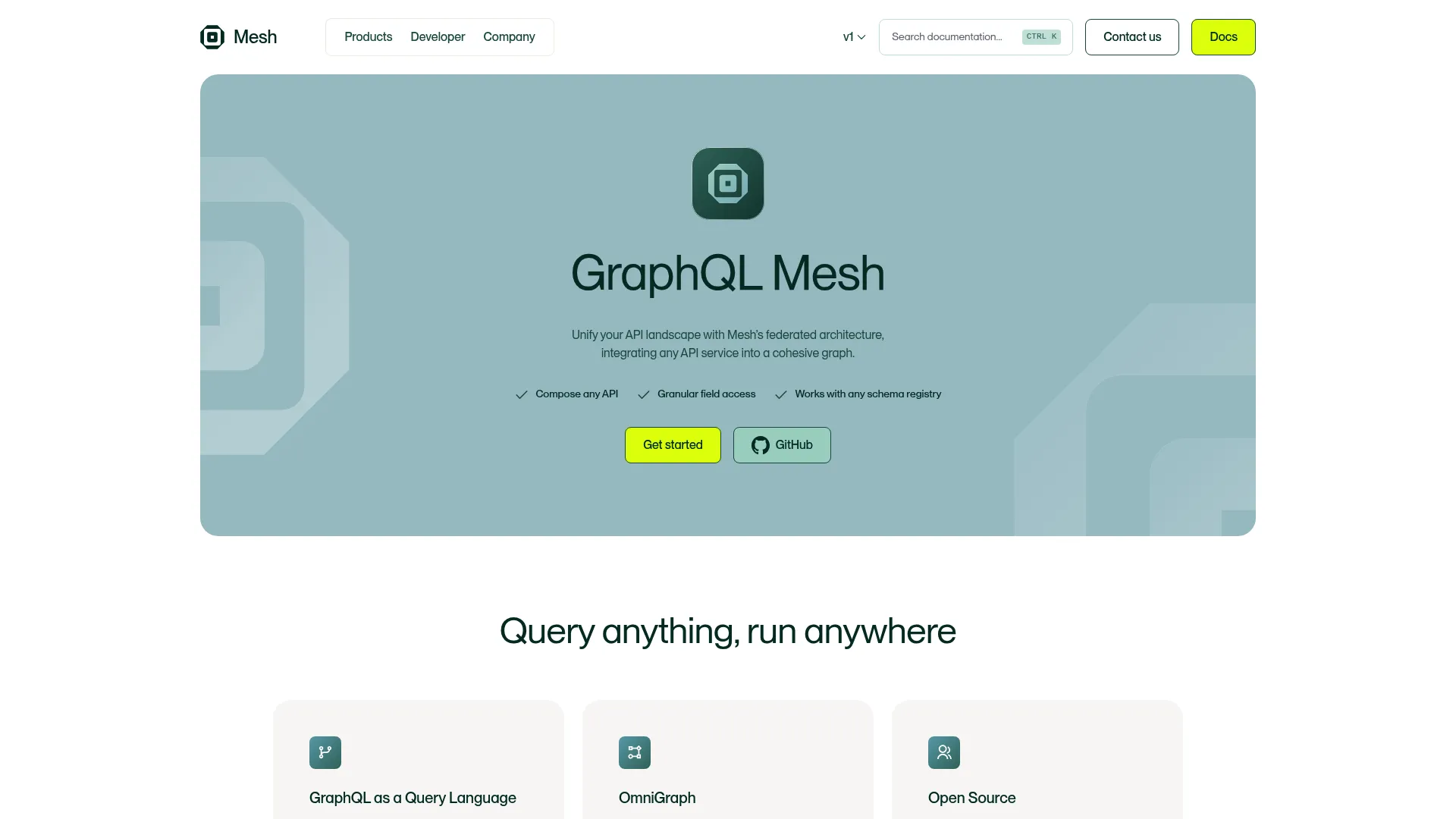 GraphQL Mesh homepage showing composition of multiple API sources into one schema