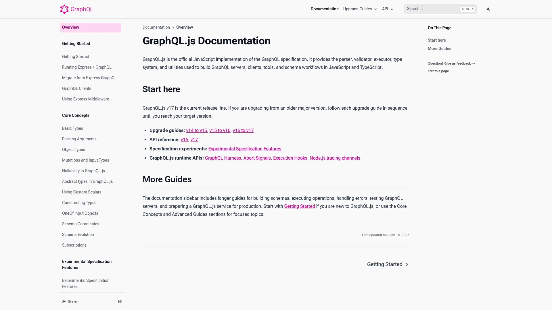 GraphQL.js documentation page showing the reference JavaScript implementation