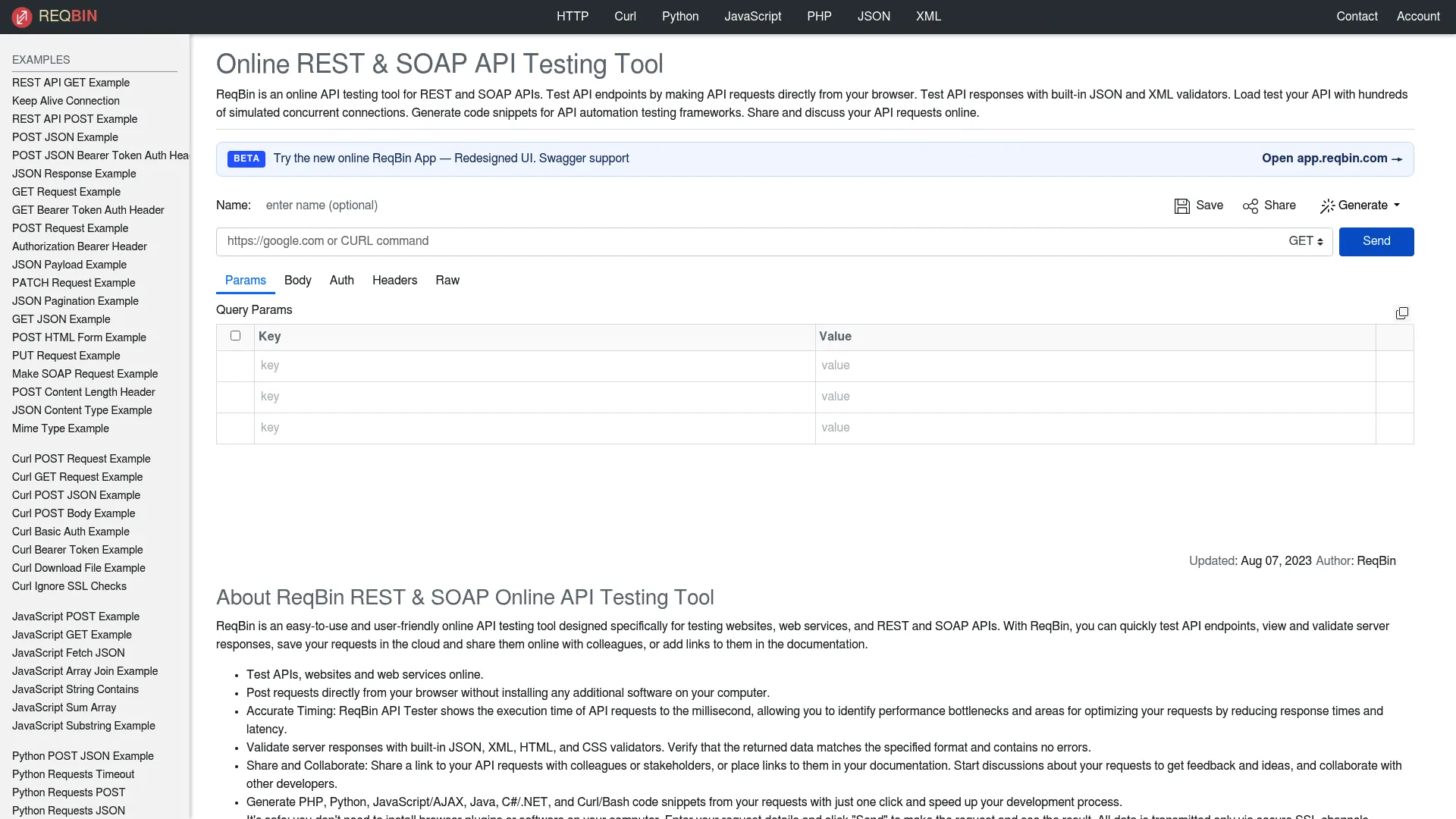ReqBin online API testing tool