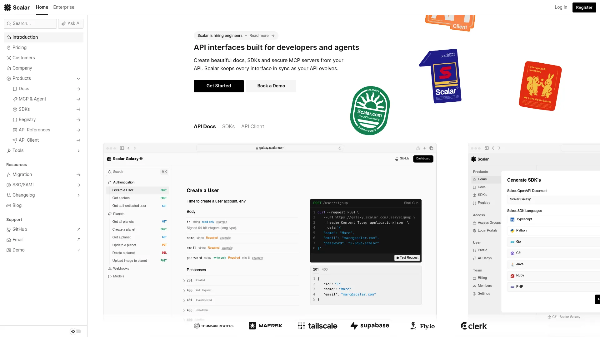 Scalar API reference platform homepage