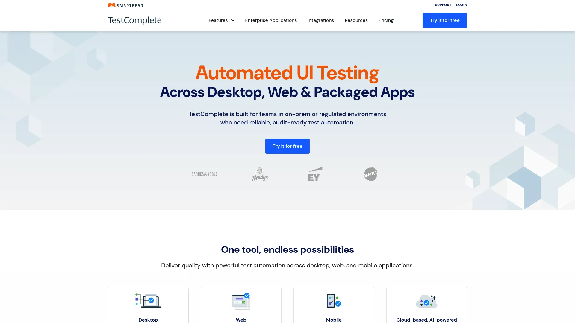 TestComplete UI automation platform homepage