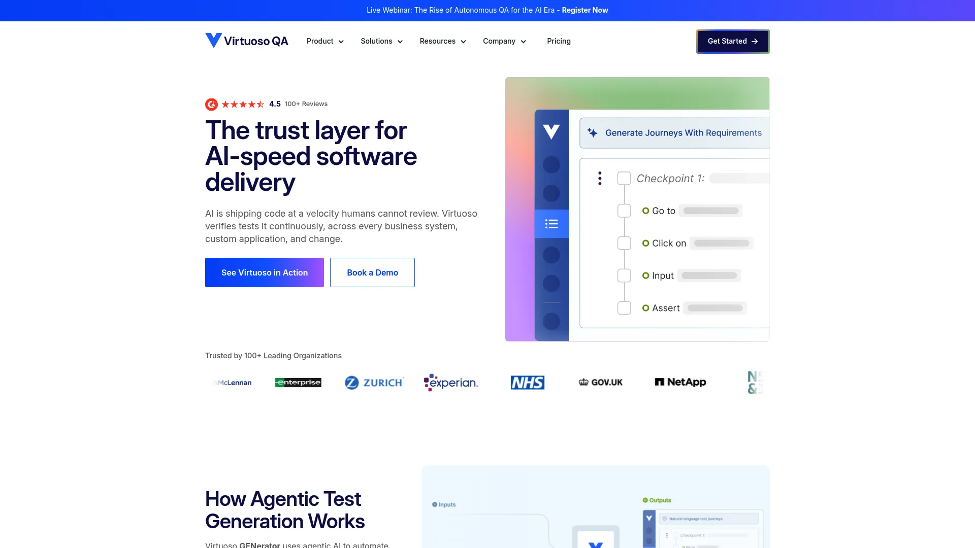 Virtuoso QA UI testing platform homepage