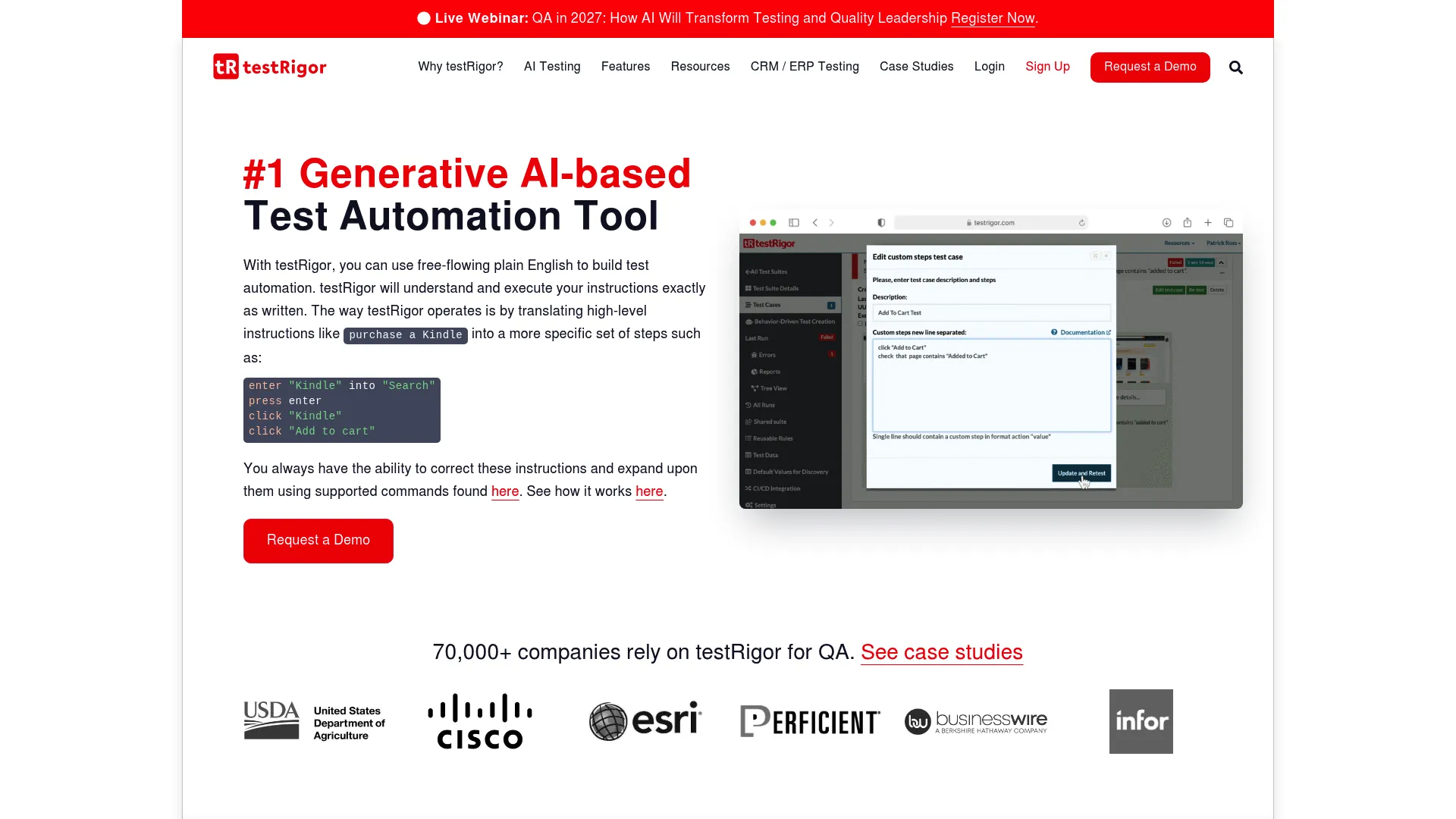 testRigor codeless testing platform homepage