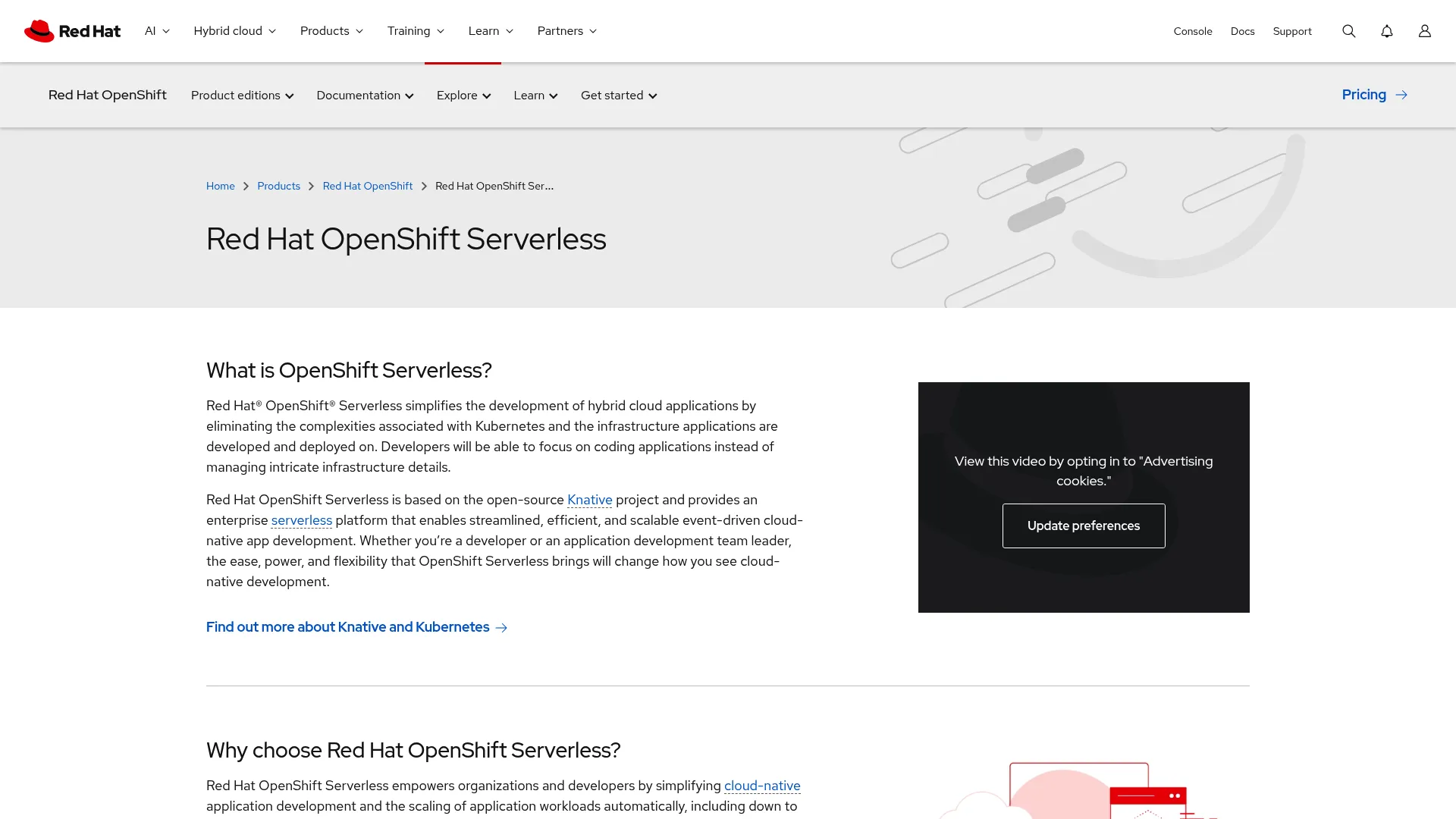 Red Hat OpenShift Serverless page screenshot