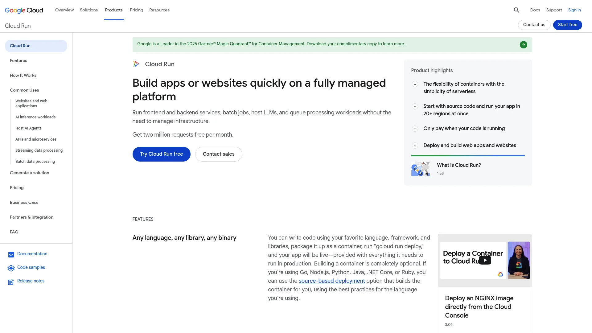Cloud Run product page screenshot