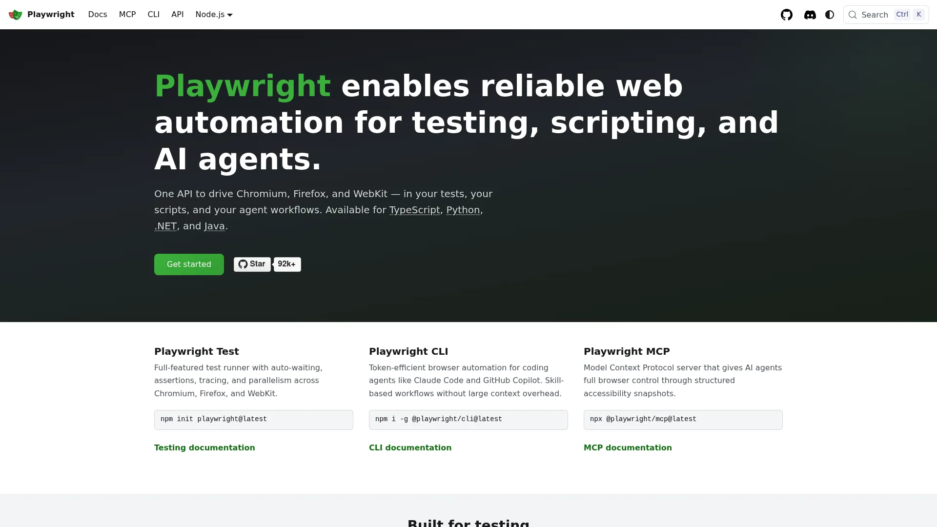 Playwright modern browser automation framework homepage