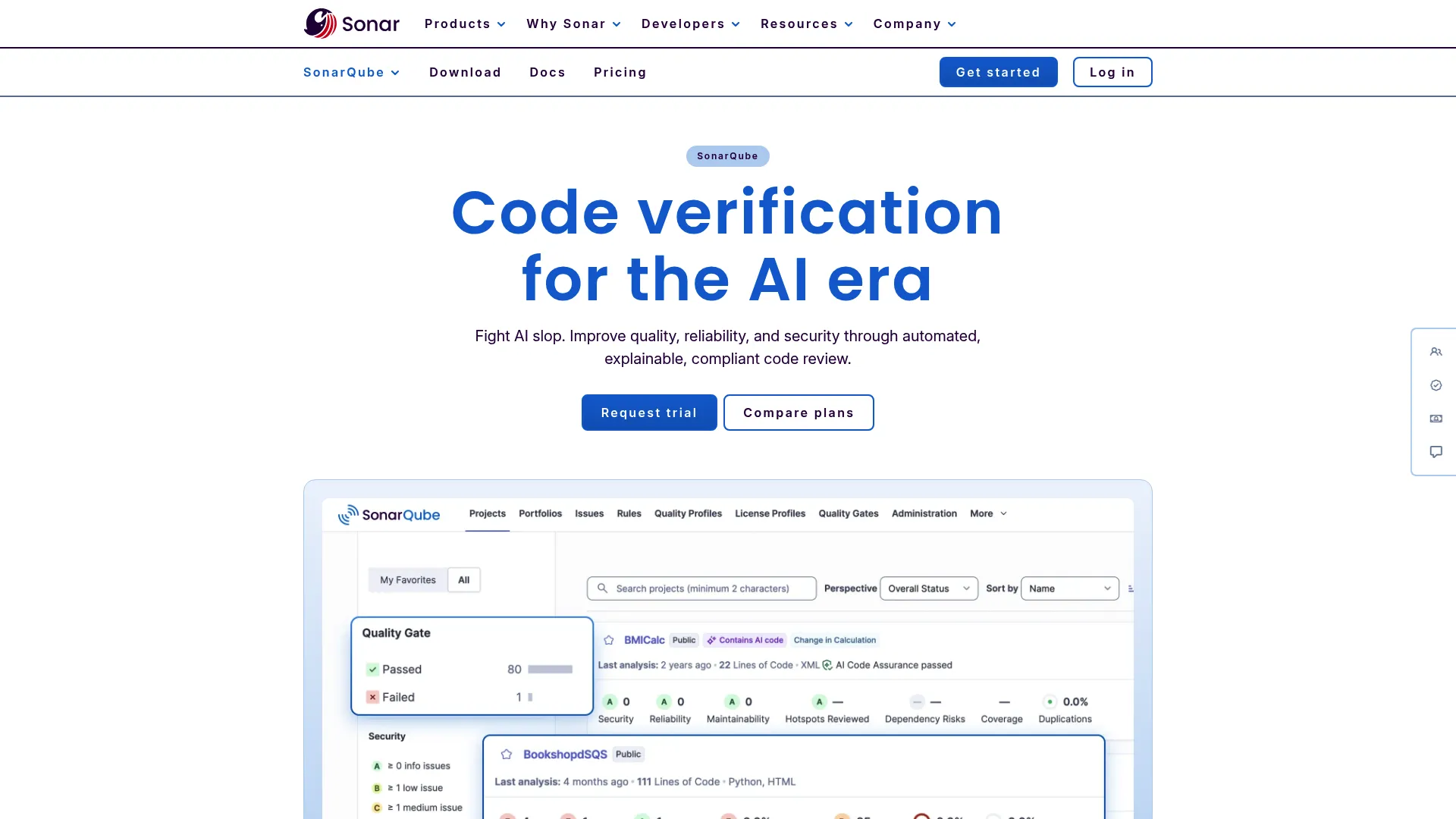 SonarQube code quality and security dashboard