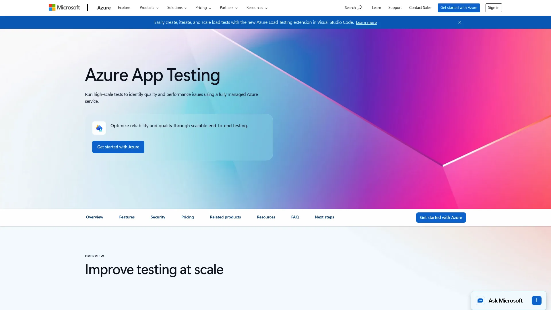 Azure Load Testing service homepage