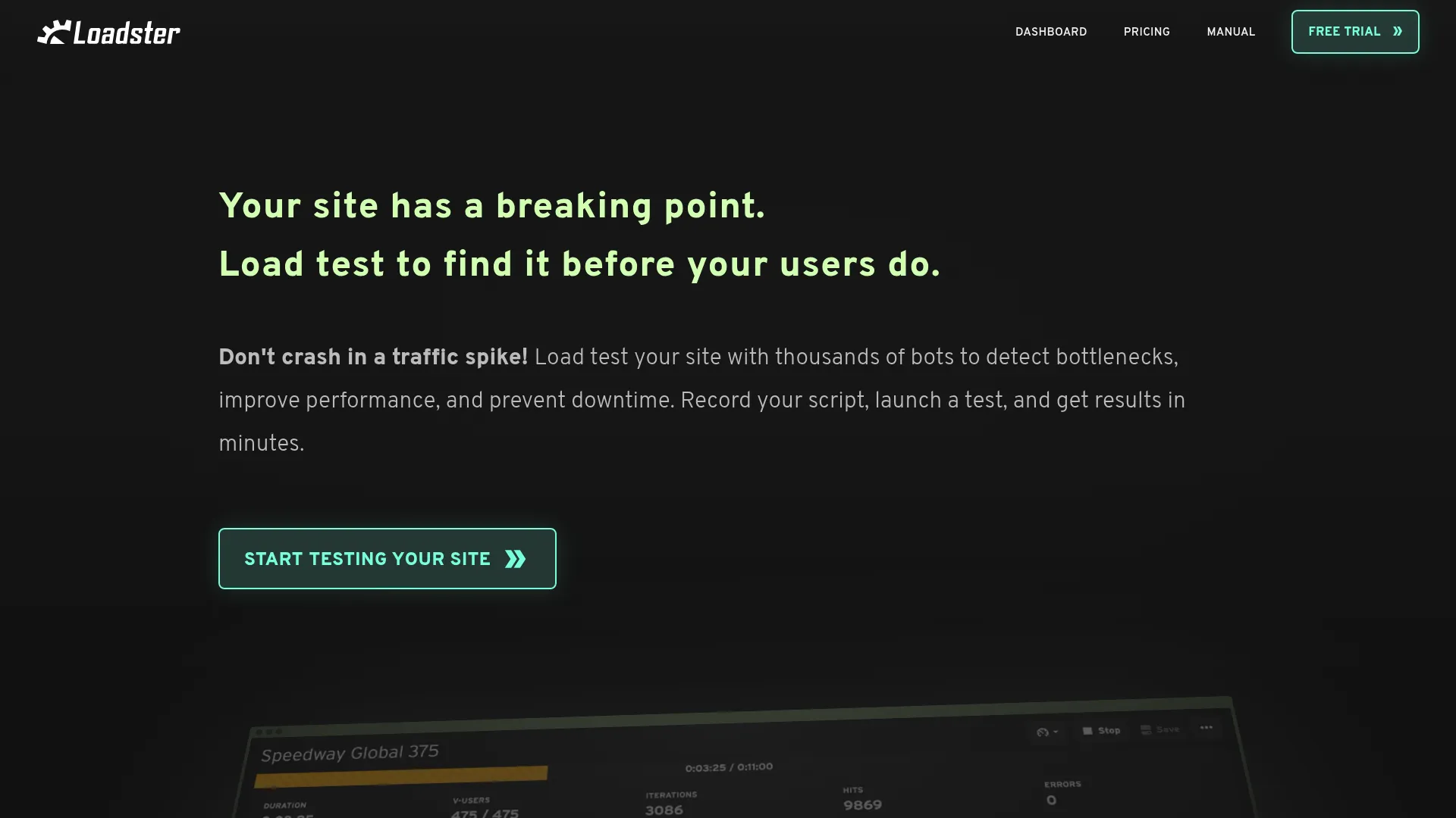 Loadster cloud load testing platform homepage
