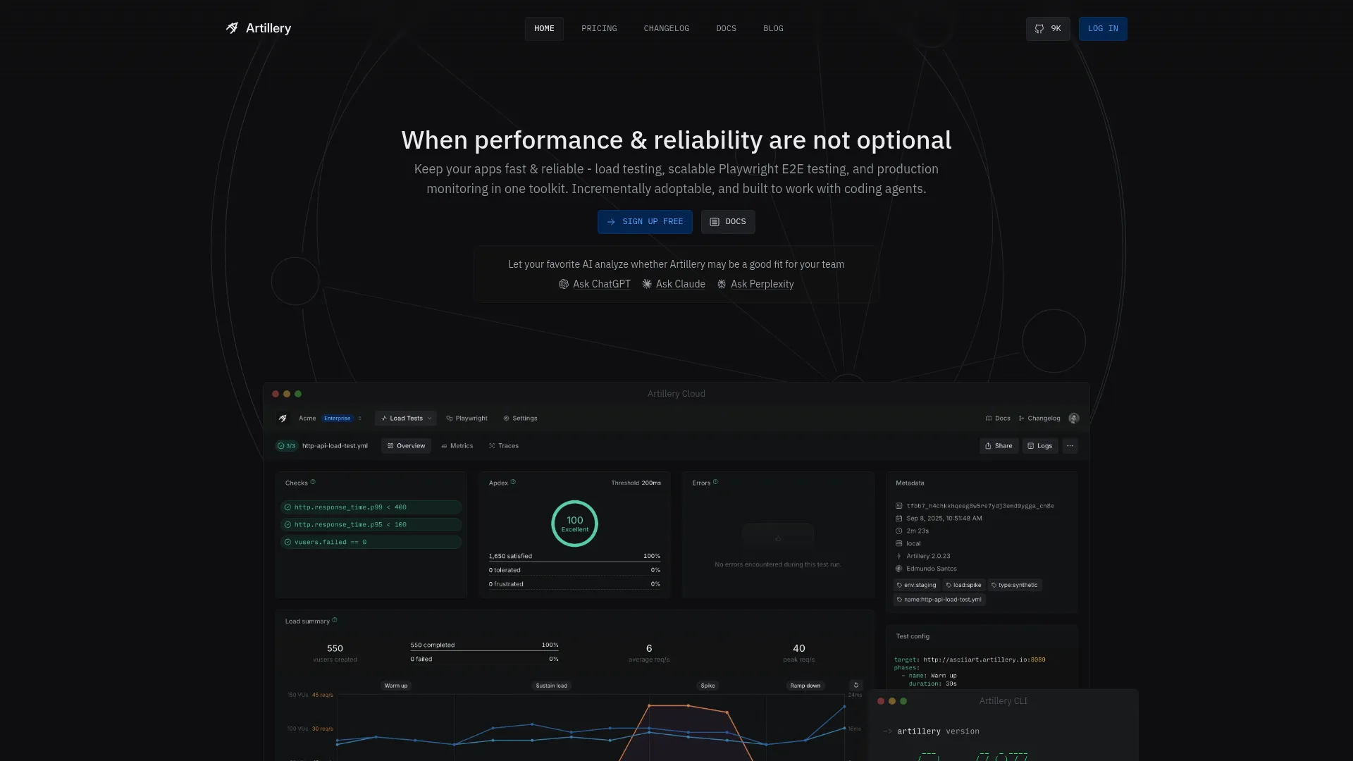 Artillery performance testing platform homepage