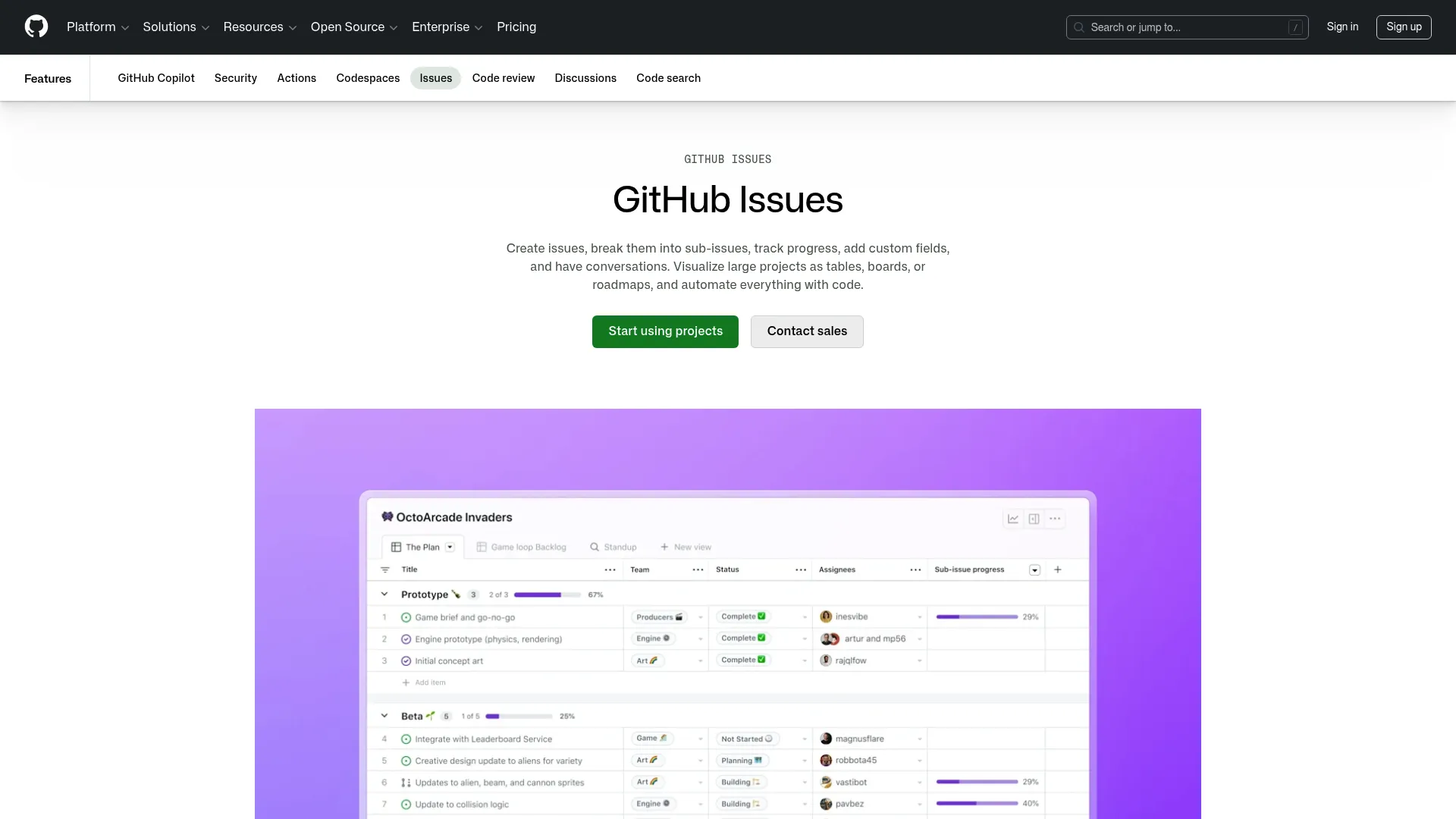 GitHub Issues interface with issues and project boards