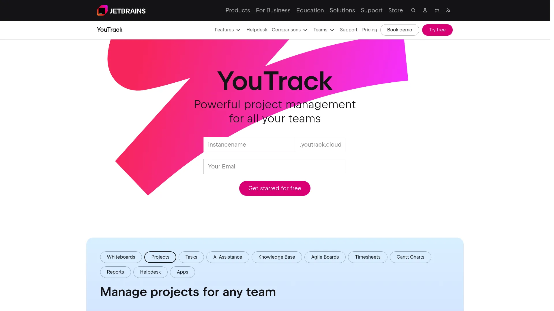 YouTrack issue tracker with agile board and search