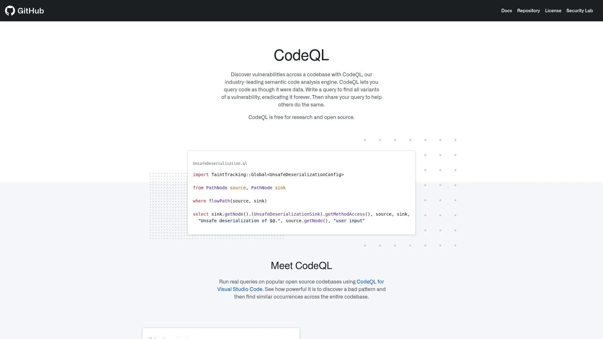 CodeQL semantic code analysis engine