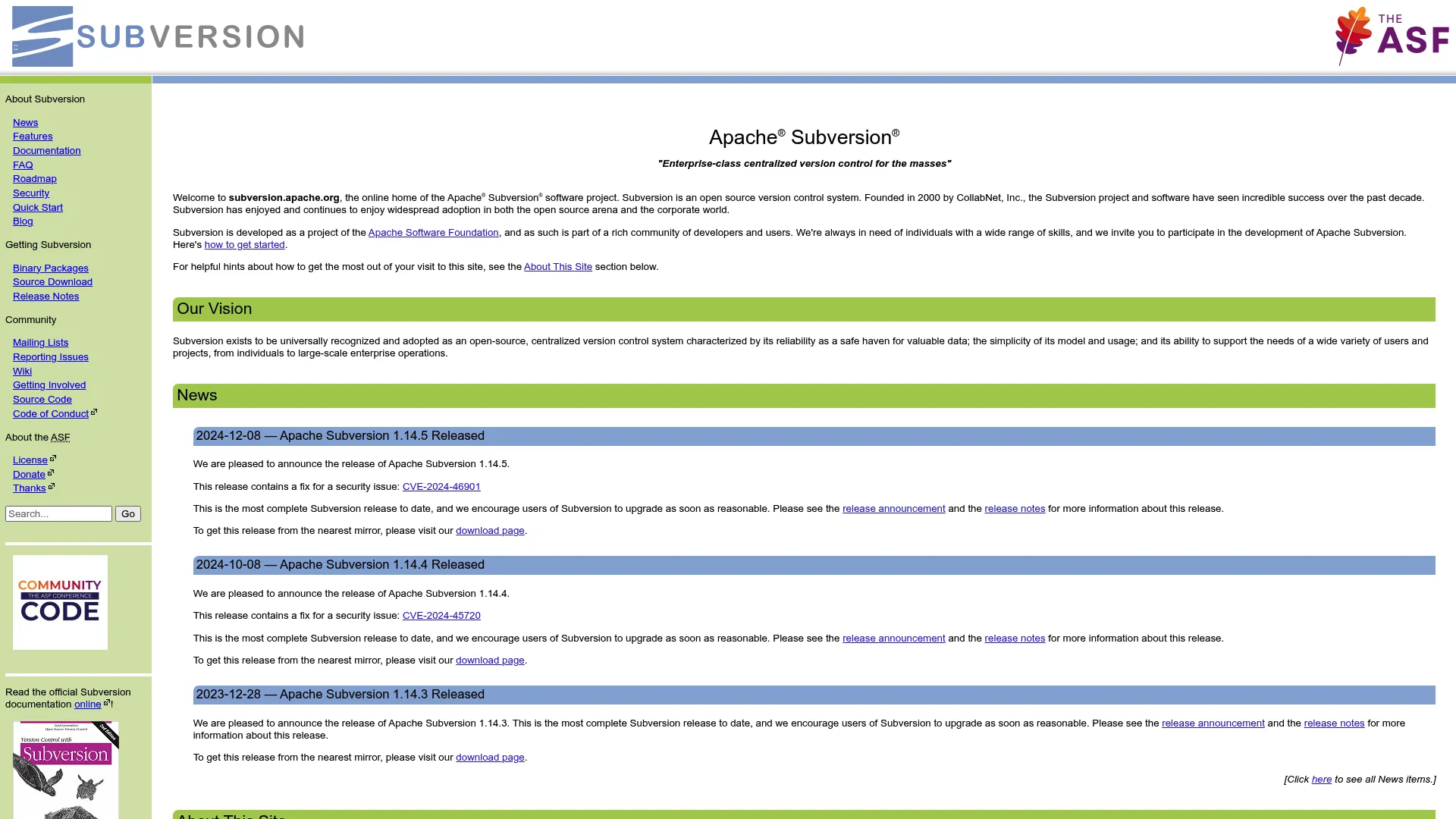 Apache Subversion version control homepage