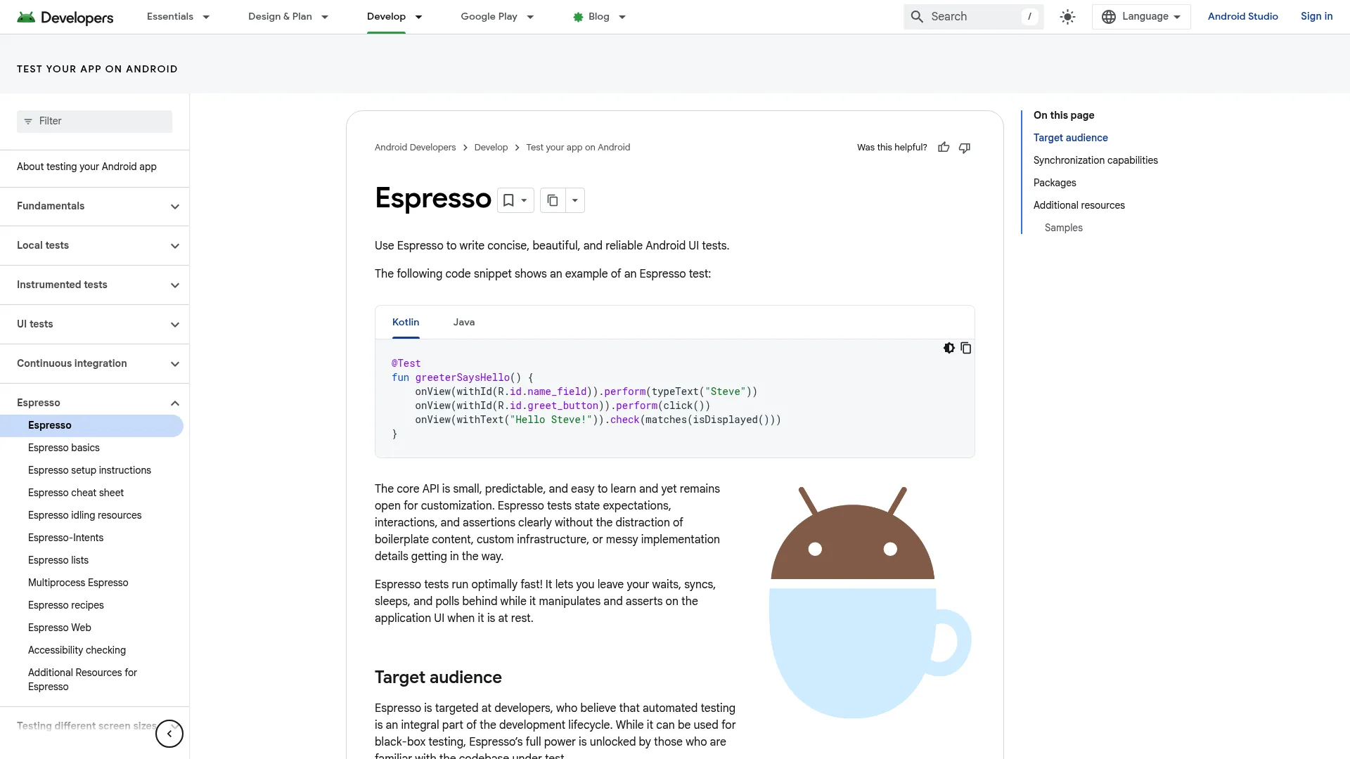 Espresso Android testing framework documentation