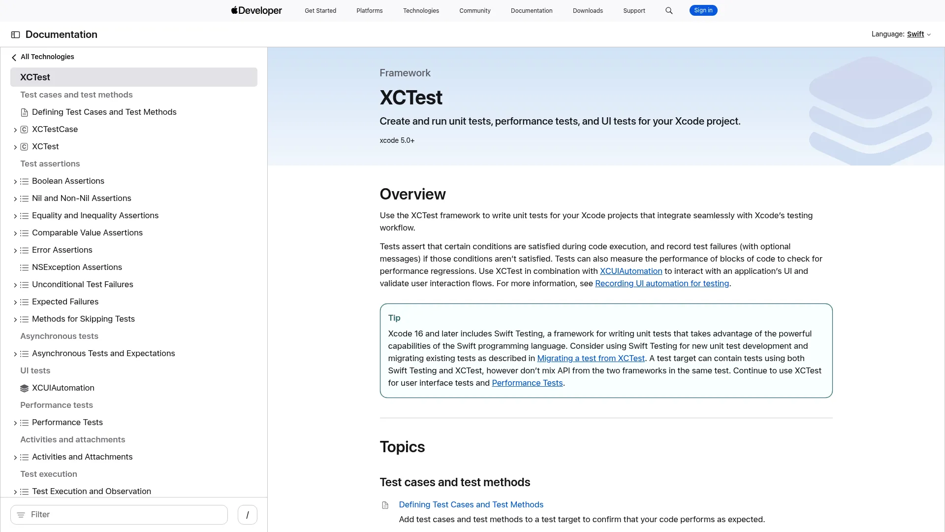XCUITest and XCTest documentation on Apple Developer