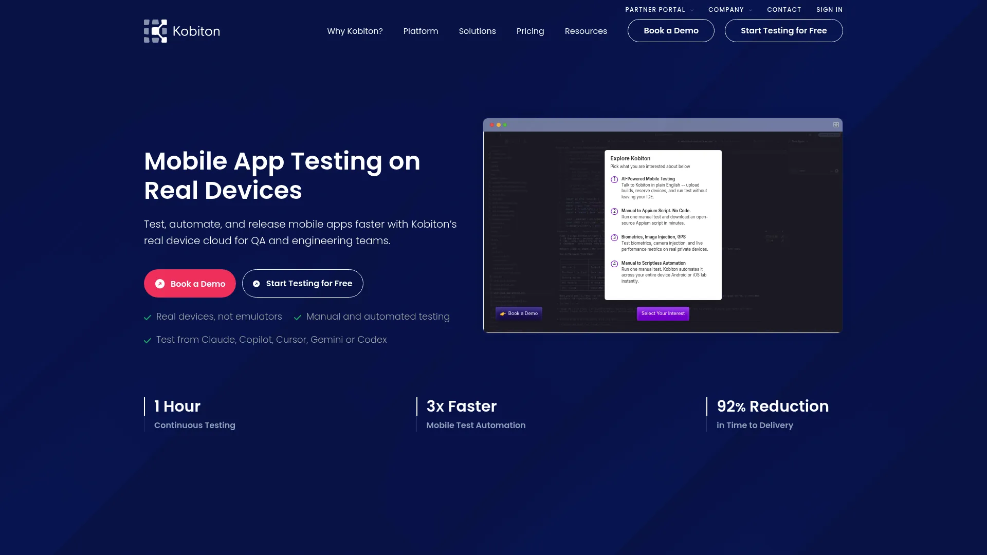 Kobiton real-device mobile testing platform homepage