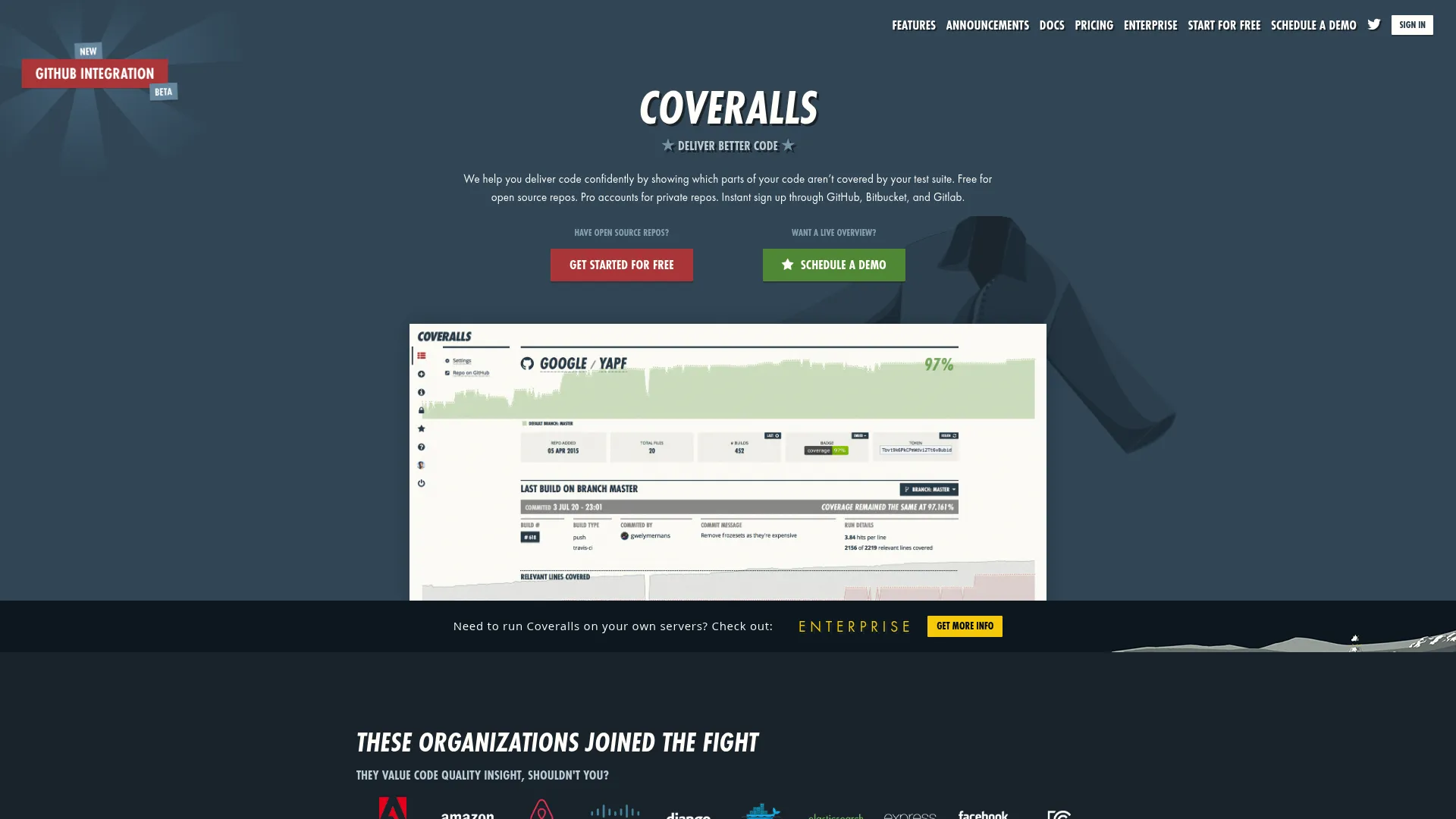 Coveralls coverage tracking service homepage