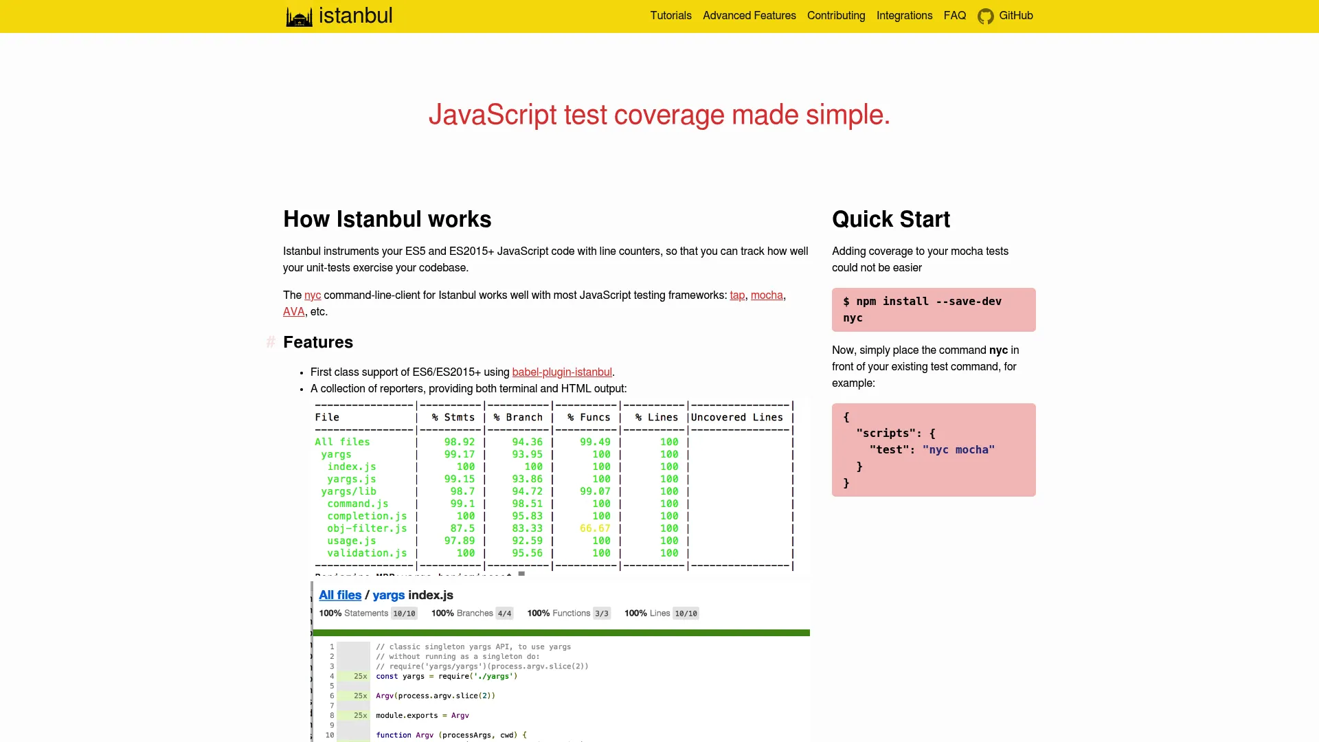 Istanbul JavaScript coverage tool documentation