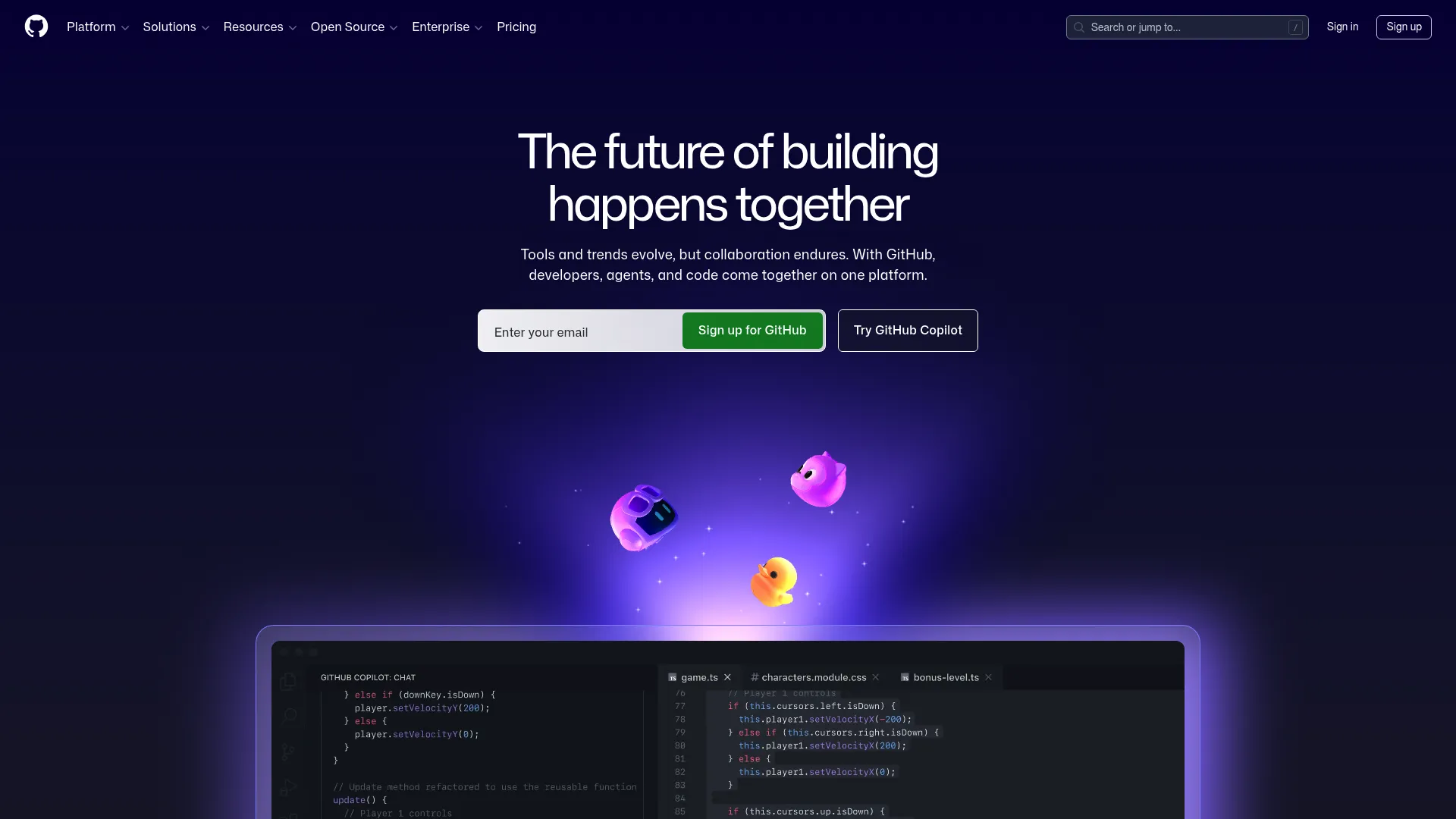 GitHub developer platform homepage