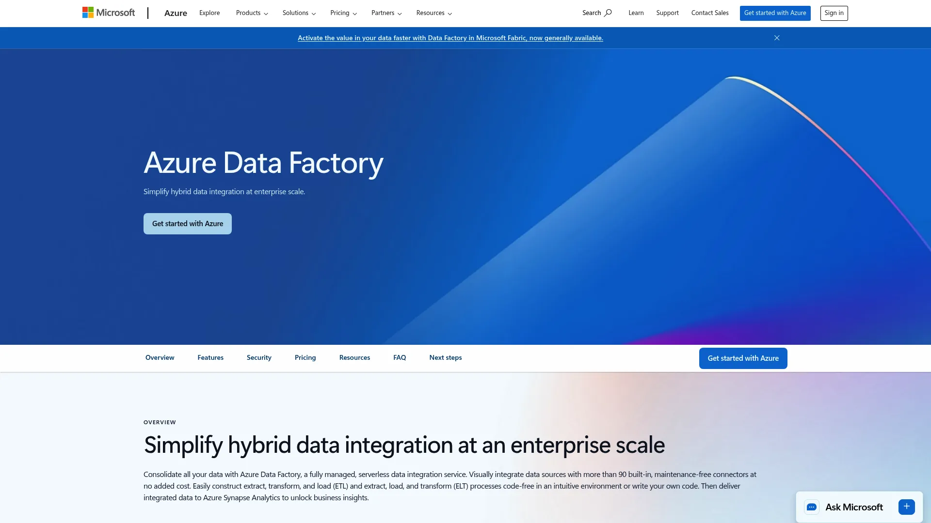 Azure Data Factory data integration service homepage