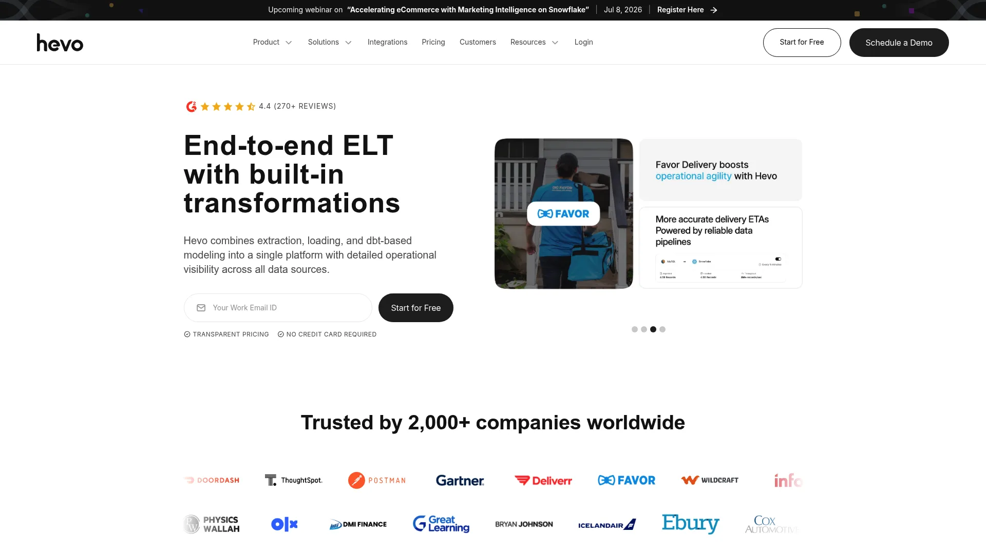 Hevo Data no-code ELT platform homepage