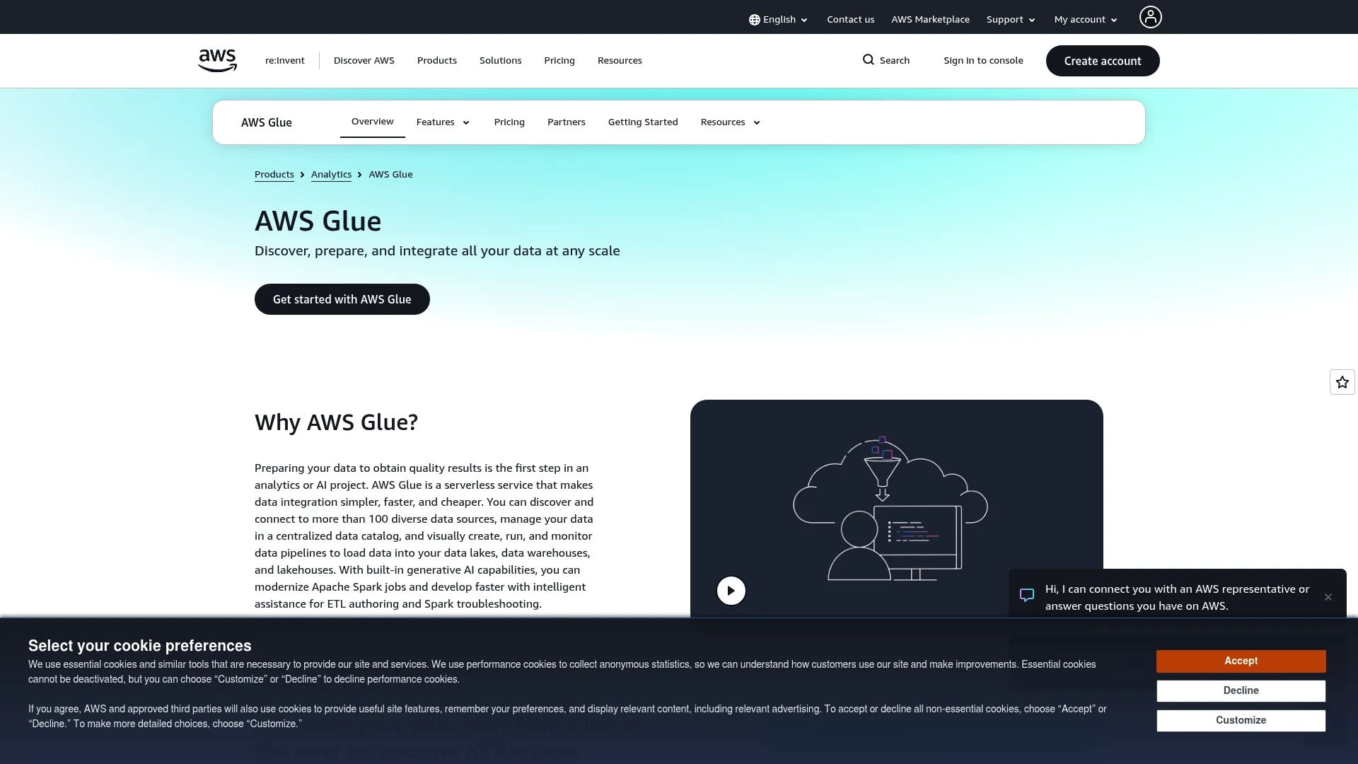 AWS Glue serverless data integration service homepage
