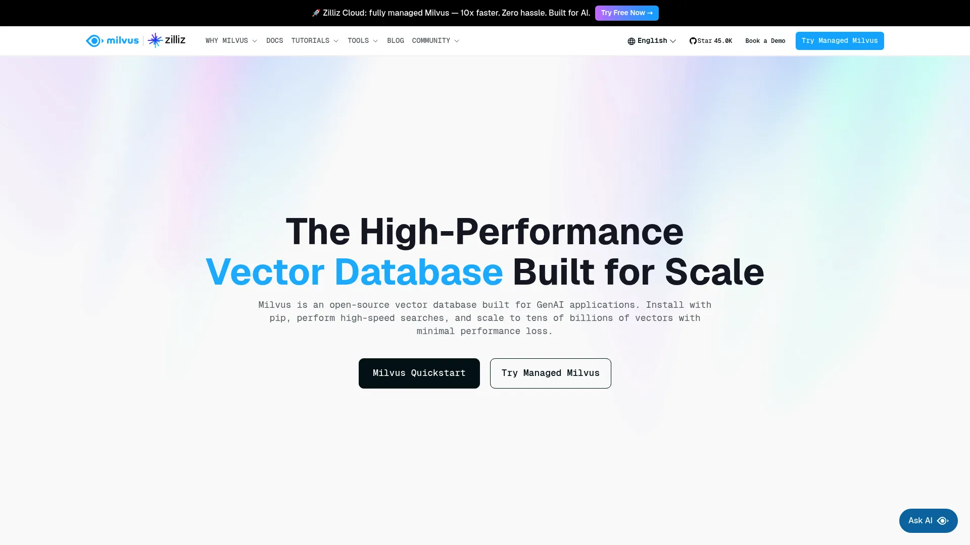Milvus vector database software screenshot