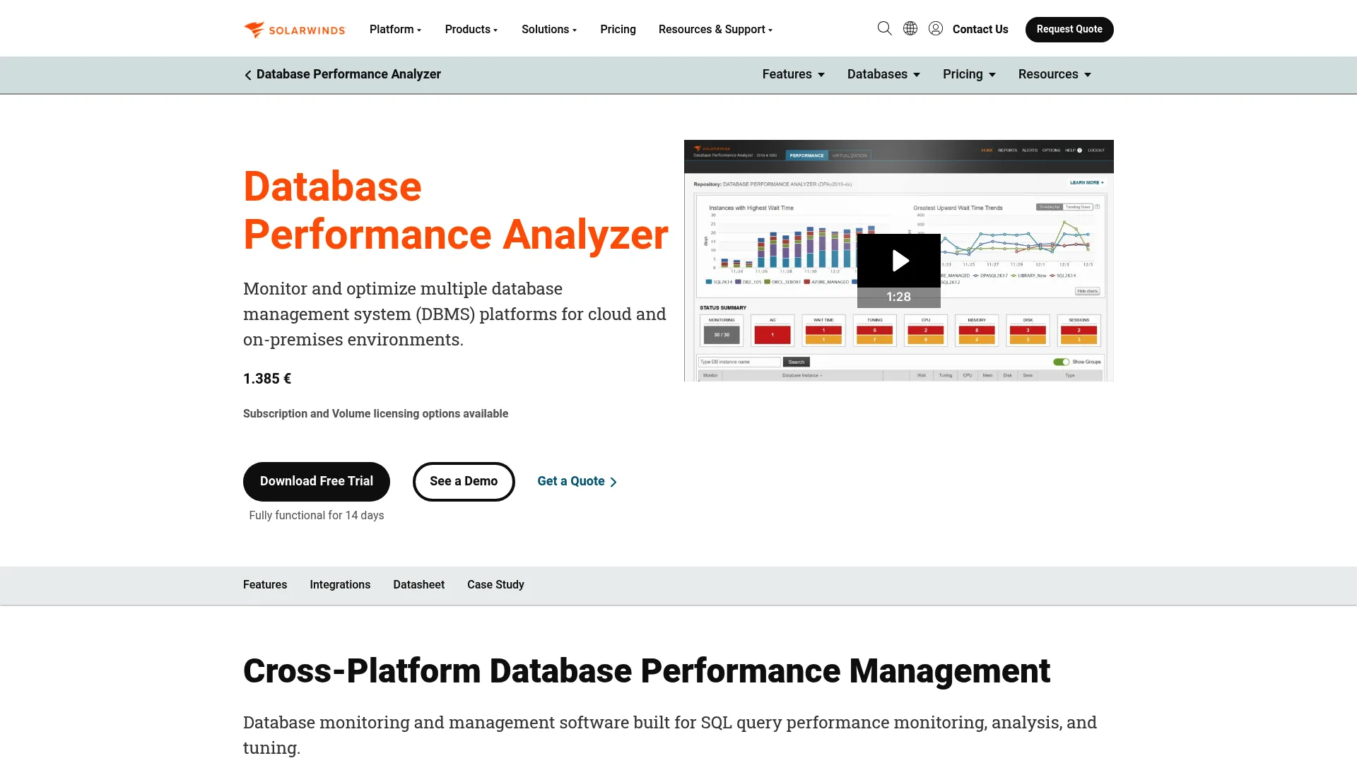 SolarWinds Database Performance Analyzer dashboard