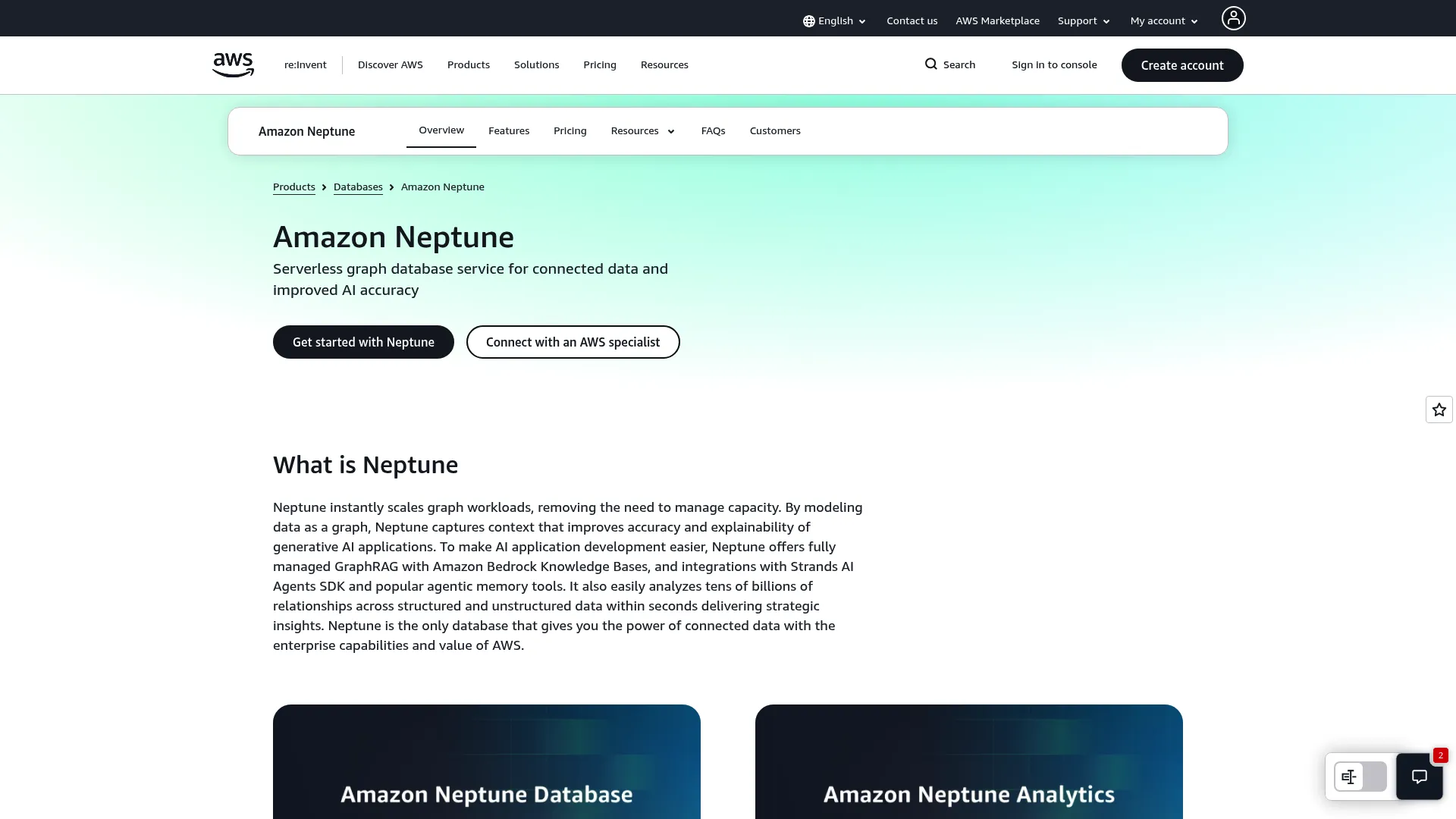 Amazon Neptune managed graph database homepage